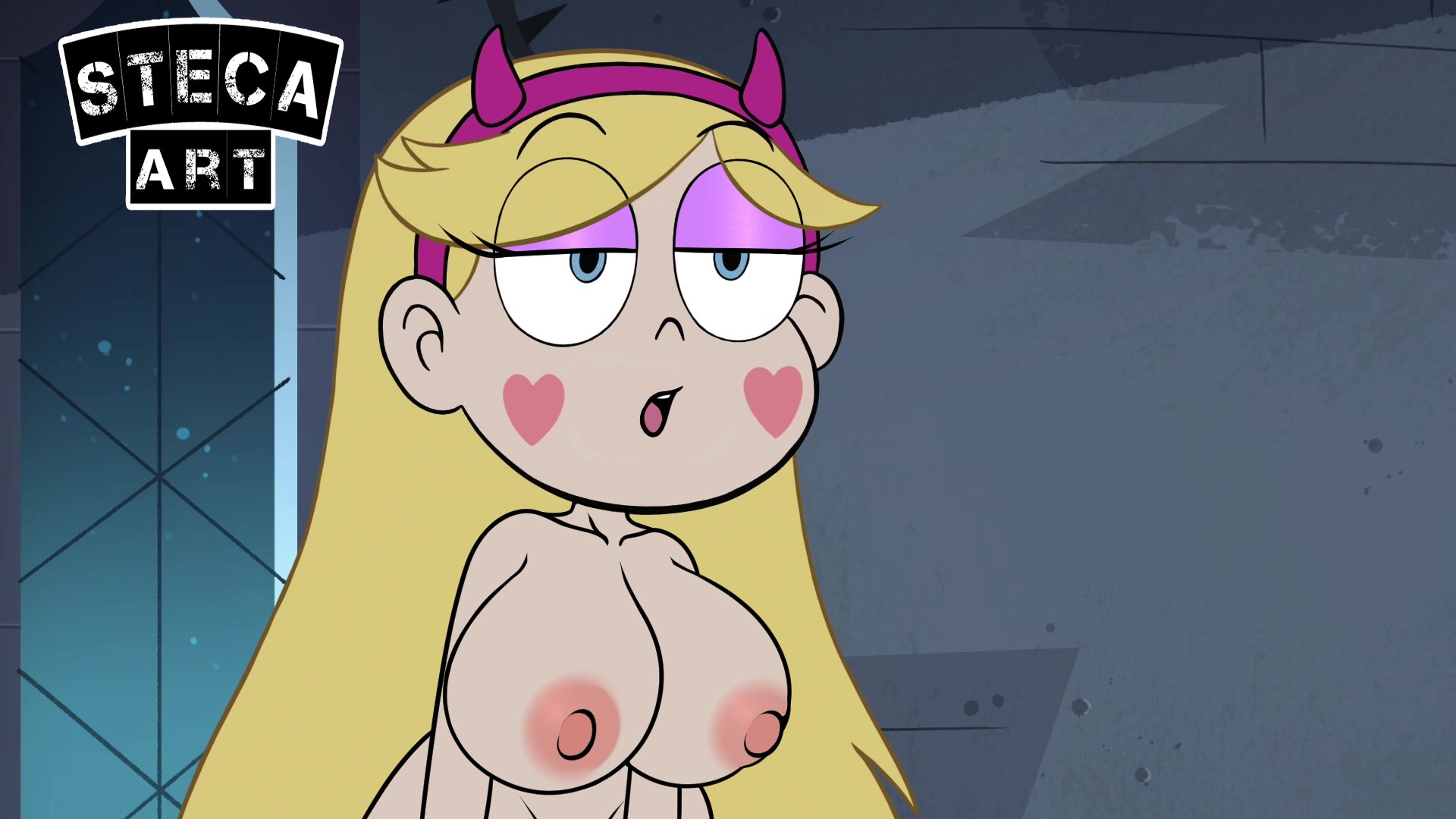 artist name, big areola, blonde female, blonde hair, breasts, casual, disney, disney channel, disney xd, edit, female, headband, heart cheeks, huge breasts, huge nipples, human, long hair, makeup, massive breasts, naked, nude, pale skin, screencap, screenshot, screenshot edit, star butterfly, star vs the forces of evil, steca, thelazyart, white female, wide hips, window