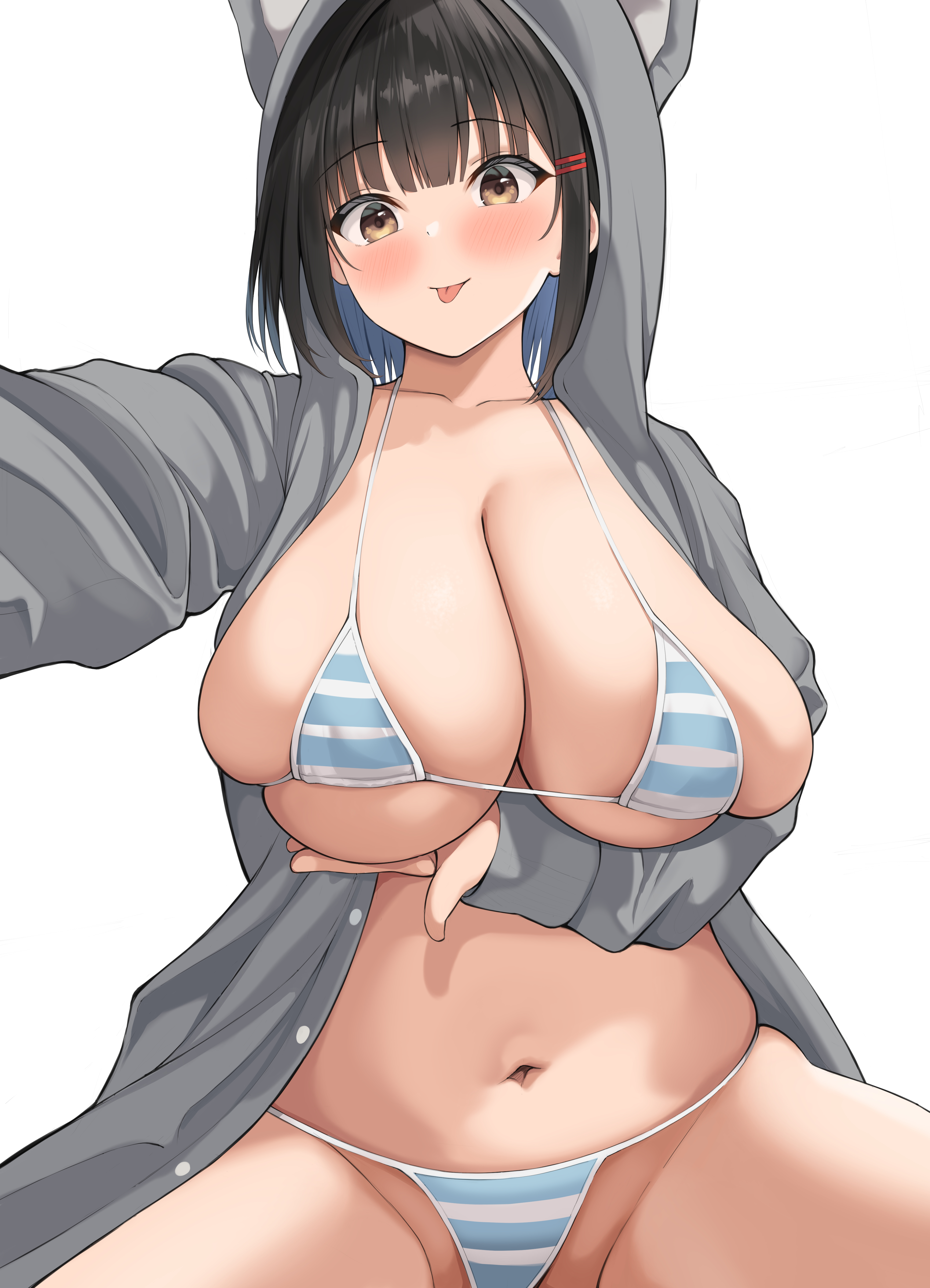 1girls, 2022, absurd res, bikini, black hair, breasts, chubby, cleavage, female, female only, hips, hoodie, huge breasts, neneneji, original, original character, short hair, simple background, smile, solo, solo female, striped bikini, thick thighs, thighs, wide hips