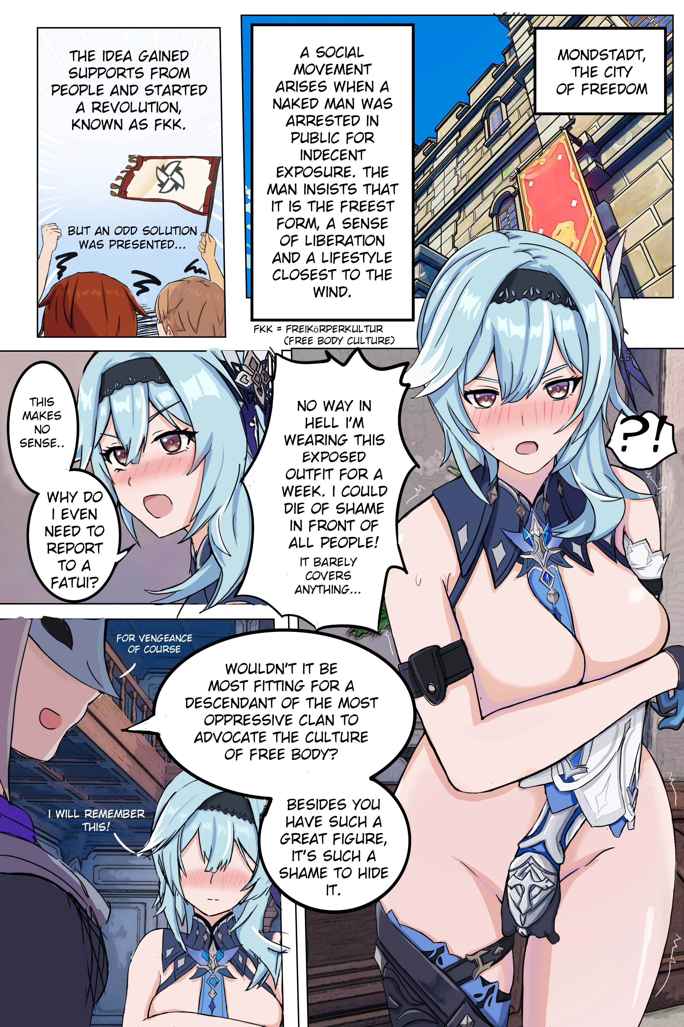 blue hair, blush, breasts, comic, covering breasts, covering crotch, embarrassed, embarrassed nude female, enf, english text, eula (genshin impact), female, genshin impact, hi res, public exposure, public humiliation, public nudity, styxshot