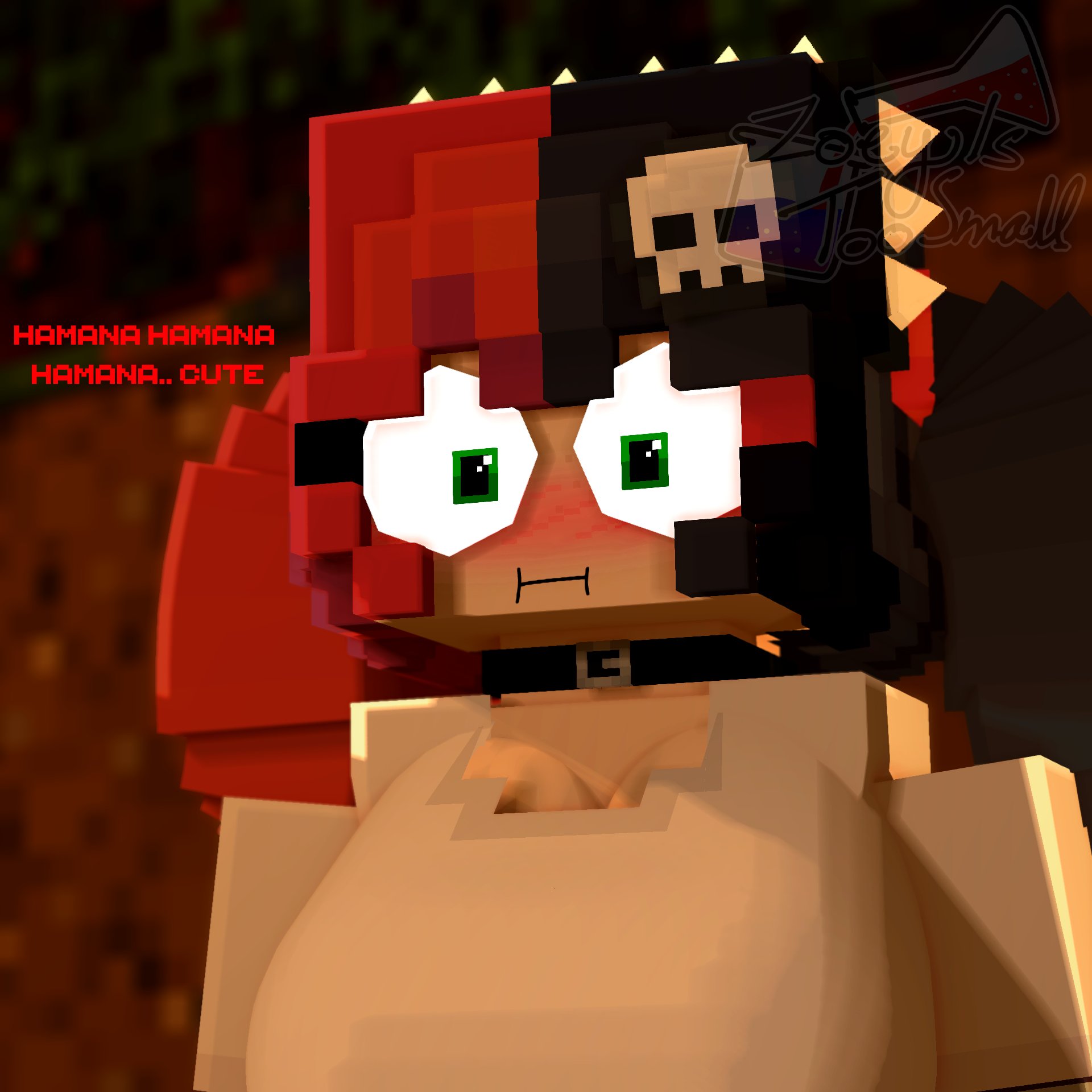 1girls, 3d, big breasts, blue eyes, breasts, choker, clothing, dialogue, ellie walls (odysseyellie), female, female only, freckles, goth, green eyes, mine-imator, minecraft, reaction image, shirt, sitting, skull hair ornament, solo, spiked hairband, staring, talking to another, text, twintails, two-tone hair, wide eyed, zoey (zoeyistoosmall), zoey is too small