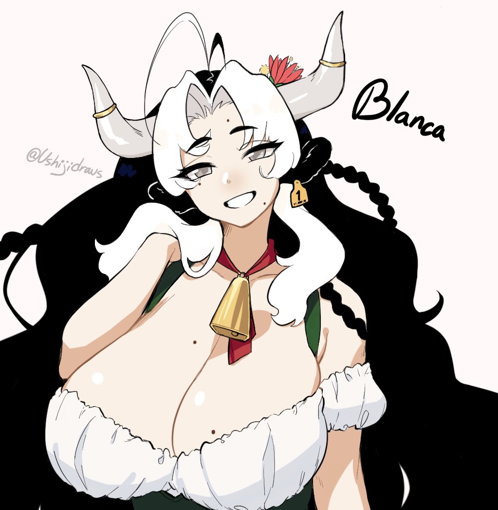 big_breasts blanca_(ushiji) braid braided_hair cleavage cow_ears cow_girl cow_horns cowbell dark_hair hair_flower huge_breasts looking_at_viewer mole mole_on_breast mole_under_eye multicolored_hair open_mouth original ushiji white_hair