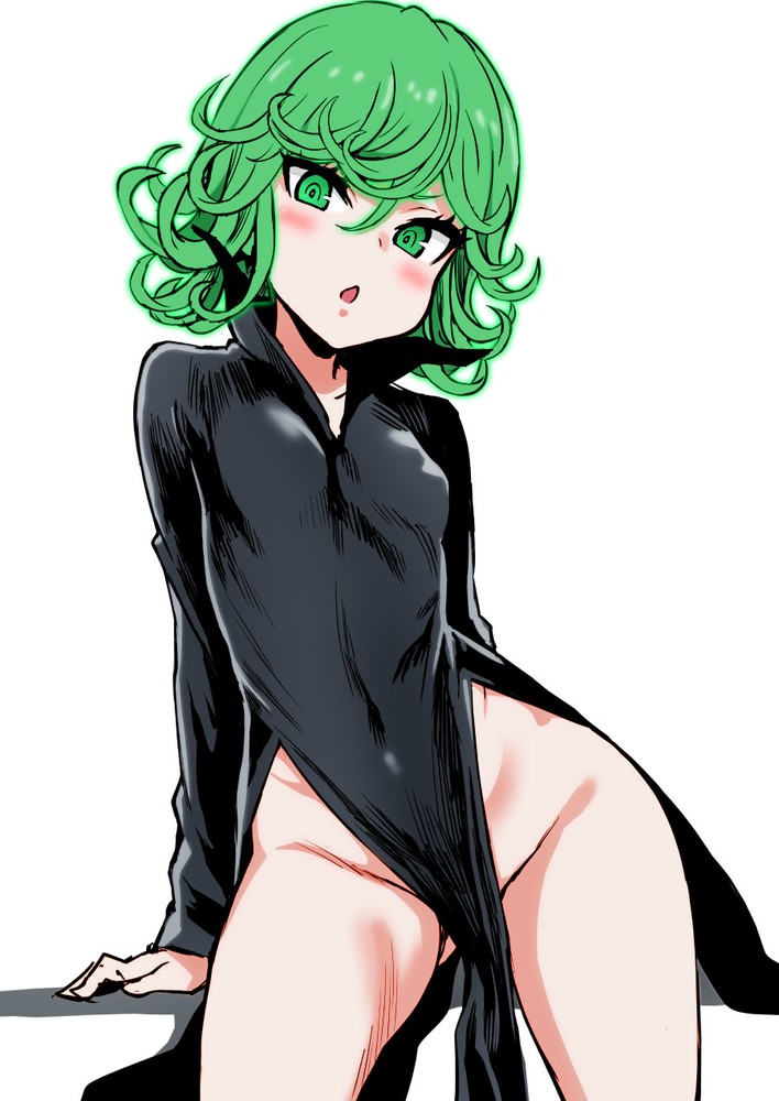 1girls ambiguous_background asanagi black_dress blush bottomless breasts covered_navel cowboy_shot curly_hair dress female female_only glowing glowing_hair no_panties nopan one-punch_man open_mouth pelvic_curtain side_slit simple_background slender_waist small_breasts solo solo_female standing tatsumaki thighs white_background wide_hips