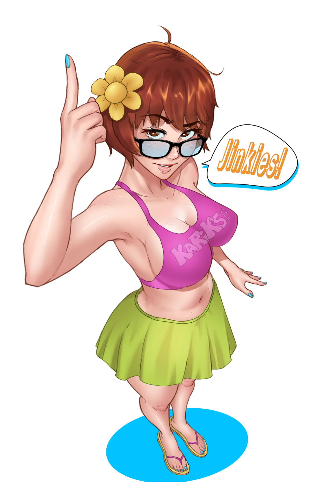 1girls, armpits, bangs, big breasts, bikini top, breasts, brown eyes, brown hair, cleavage, clothed, english text, feet, female, flower in hair, freckles, from above, glasses, hanna-barbera, kariksart, looking at viewer, looking up, midriff, multiversus, parted lips, sandals, scooby-doo, short hair, sideboob, signature, simple background, skirt, solo, speech bubble, standing, tank top, text, thick thighs, toenail polish, velma dinkley, white background