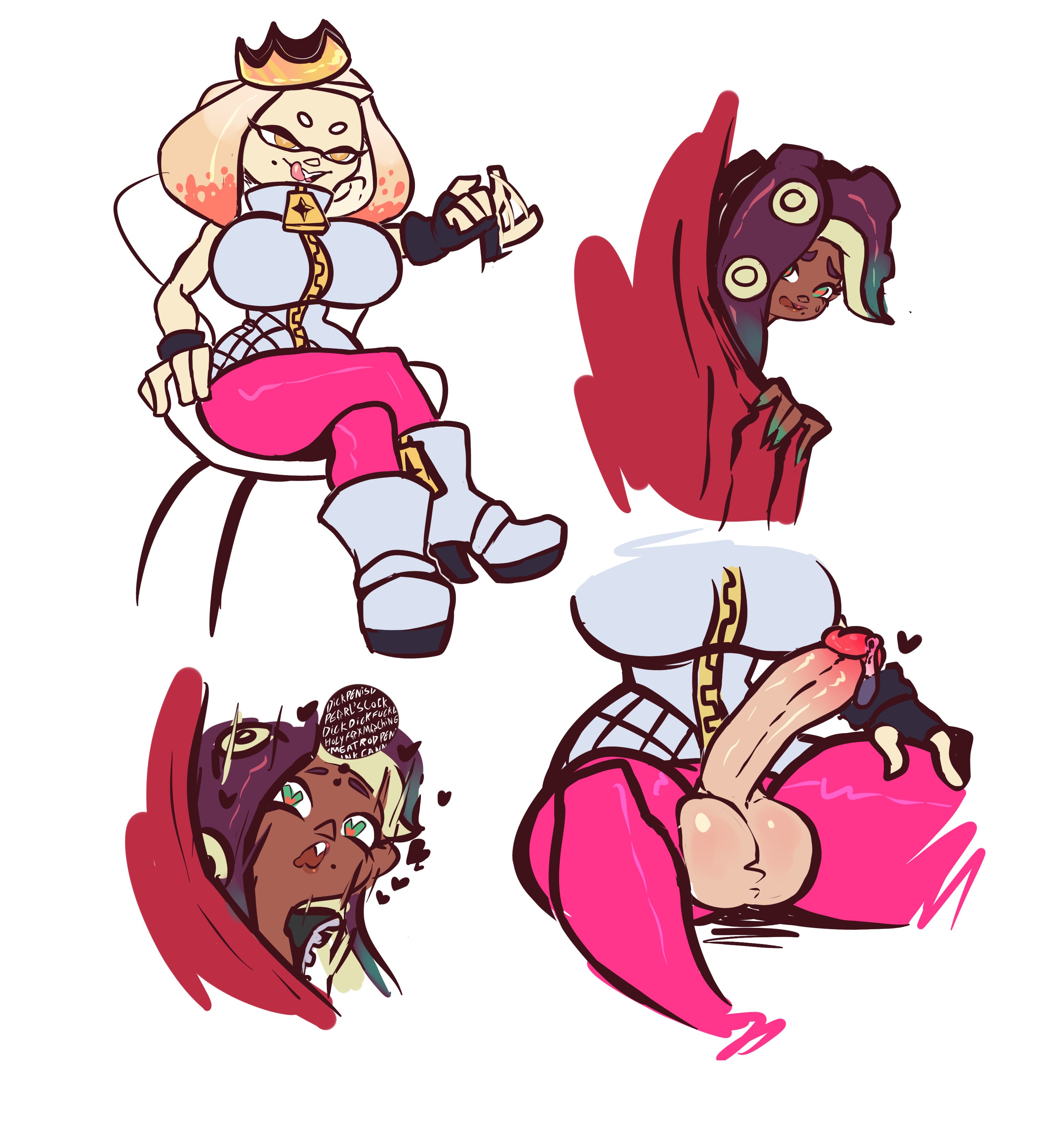 1futa, 1girls, balls, big balls, big breasts, big penis, breasts, clothed, clothing, duo, english text, erection, female, futanari, humanoid, humanoid penis, intersex, light skin, light-skinned futa, marina (splatoon), mostly clothed, no bra, pearl (splatoon), penis, sitting, splatoon, splatoon (series), splatoon 2, tagme, text, wolflance