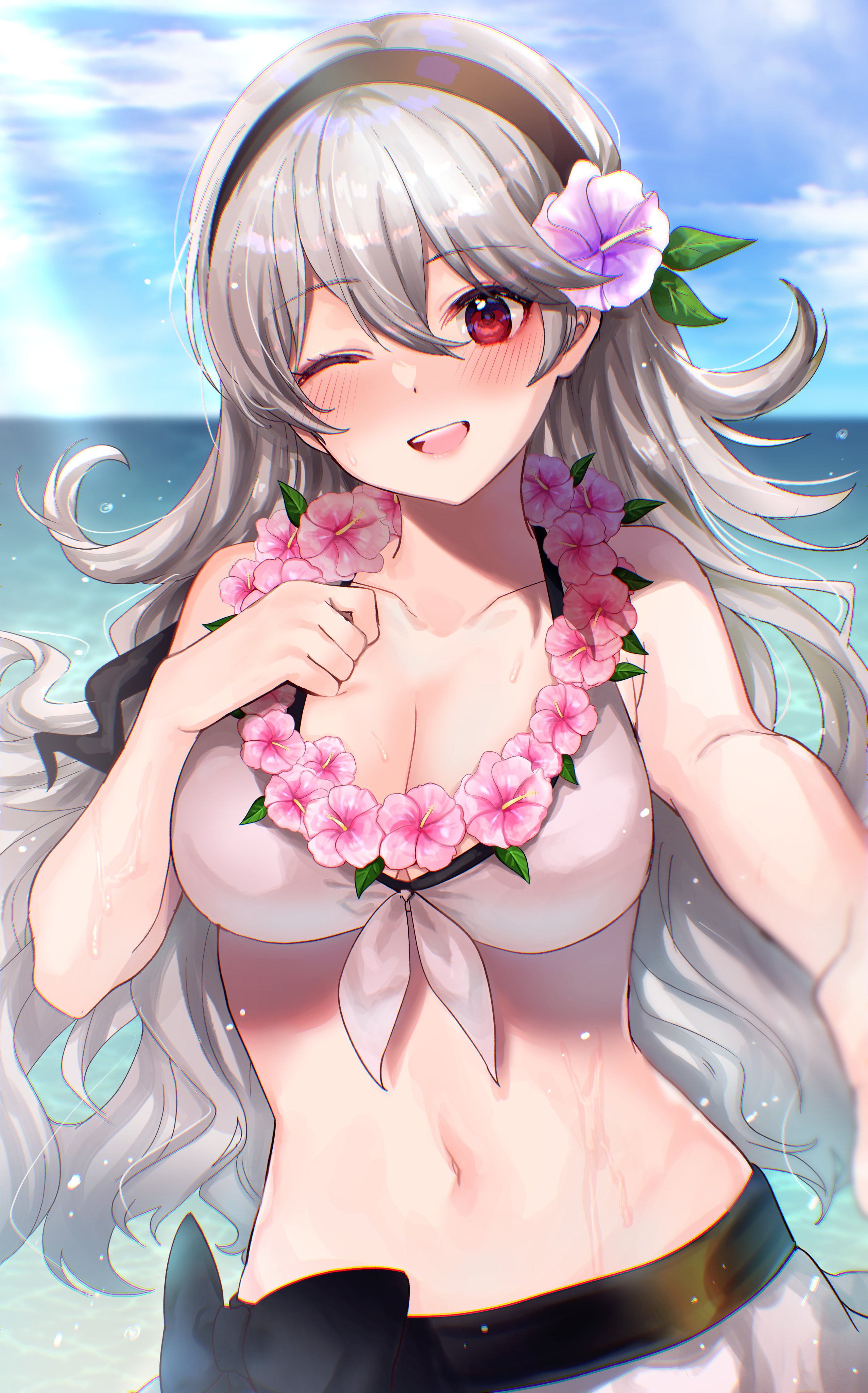 ;d, 1girls, absurdres, alternate costume, asada sadao, bangs, beach, bikini, black hairband, blue sky, blush, breasts, cleavage, cloud, collarbone, commentary, corrin (fire emblem), corrin (fire emblem) (female), day, female, female only, fire emblem, fire emblem fates, fire emblem heroes, flower, flower necklace, grey hair, hair between eyes, hair flower, hair ornament, hairband, highres, large breasts, long hair, looking at viewer, navel, nintendo, ocean, official alternate costume, one eye closed, open mouth, outdoors, outstretched arm, pink flower, purple flower, reaching out, red eyes, sky, smile, solo, stomach, sunlight, swimsuit, teeth, upper body, upper teeth, very long hair, water, wavy hair, wet, white bikini, white swimsuit