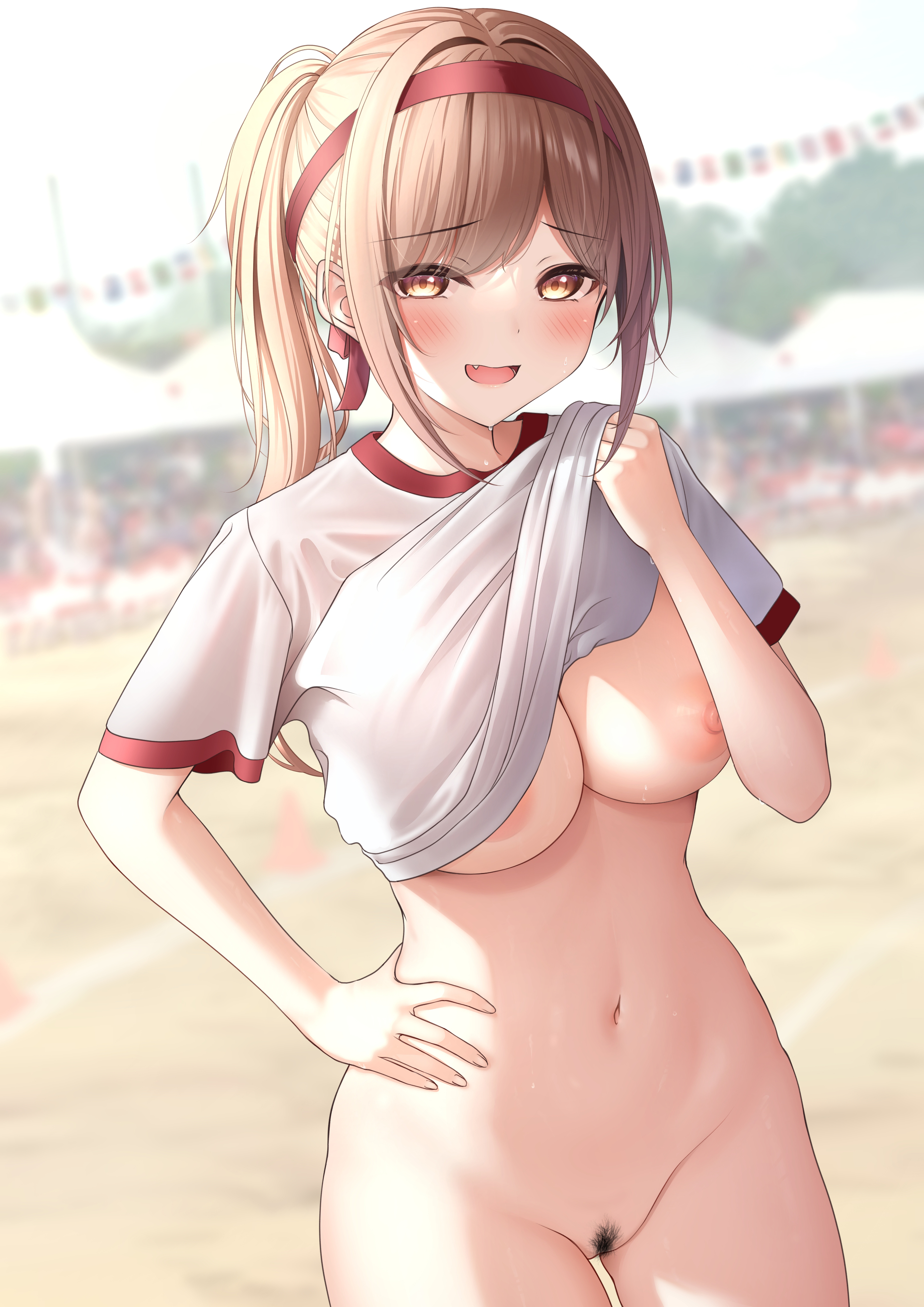 amber eyes, areolae, bottomless, breast slip, breasts, clothing, female, gym uniform, high resolution, large breasts, lifted by self, monaka curl, nipple slip, nipples, no bra, original, outdoors, shirt, shirt lift, sportswear, thighs, track and field, uniform, very high resolution
