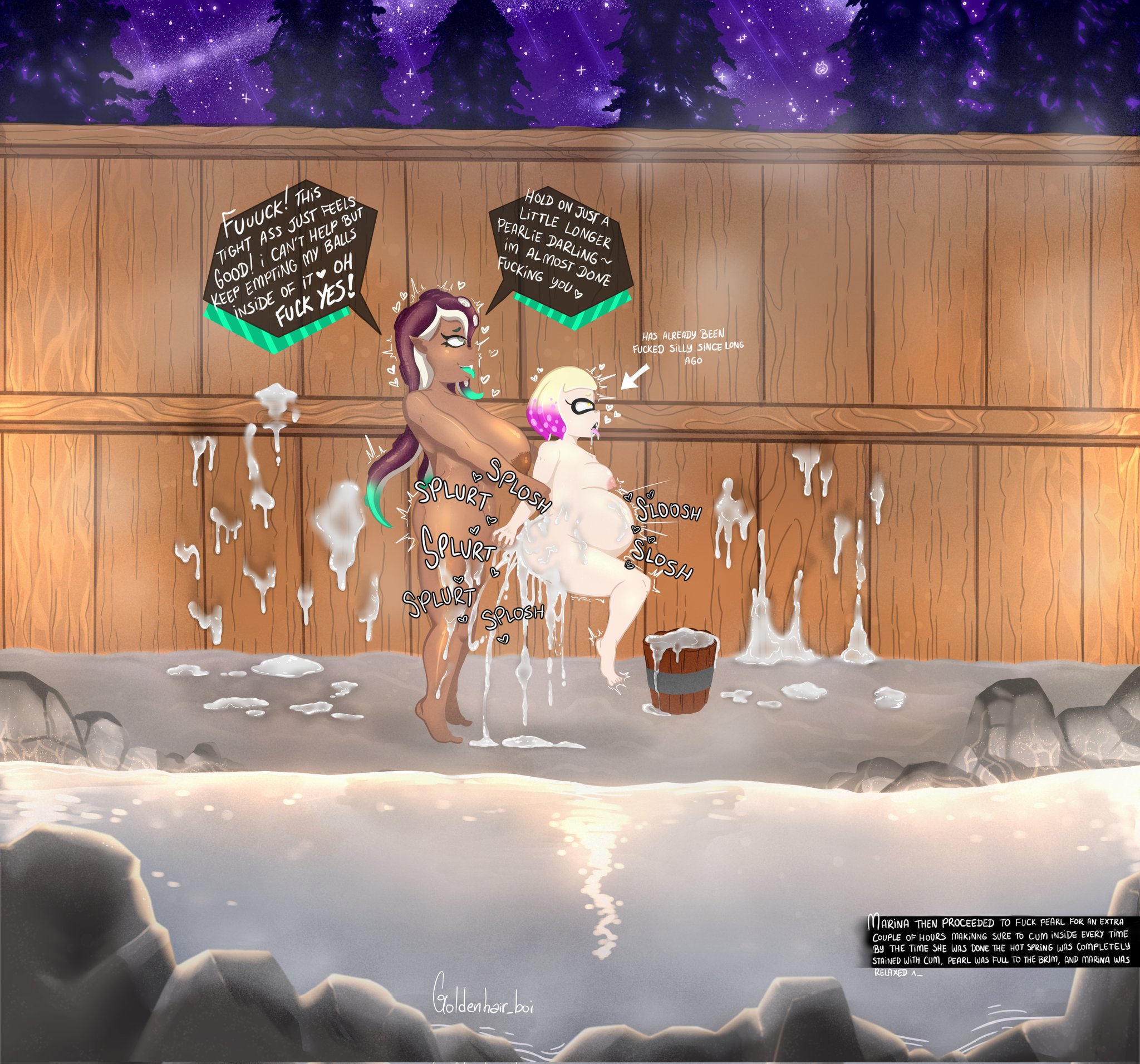 1futa, 1girls, ass, big ass, big breasts, big penis, bodily fluids, breasts, broken rape victim, cum, cum inside, dark skin, dark-skinned futa, duo, ejaculation, english, english text, female, fucked silly, full body, futa on female, futanari, goldenhair boi, hot spring, humanoid, inkling, intersex, light skin, light-skinned female, marina (splatoon), multiple orgasms, naked, nude, nude female, nude futa, octoling, orgasm, pale skin, pearl (splatoon), penis, pussy, rape, rolling eyes, scene, sex, side view, speech bubble, splatoon, splatoon 2, standing, tongue, tongue out, vaginal penetration