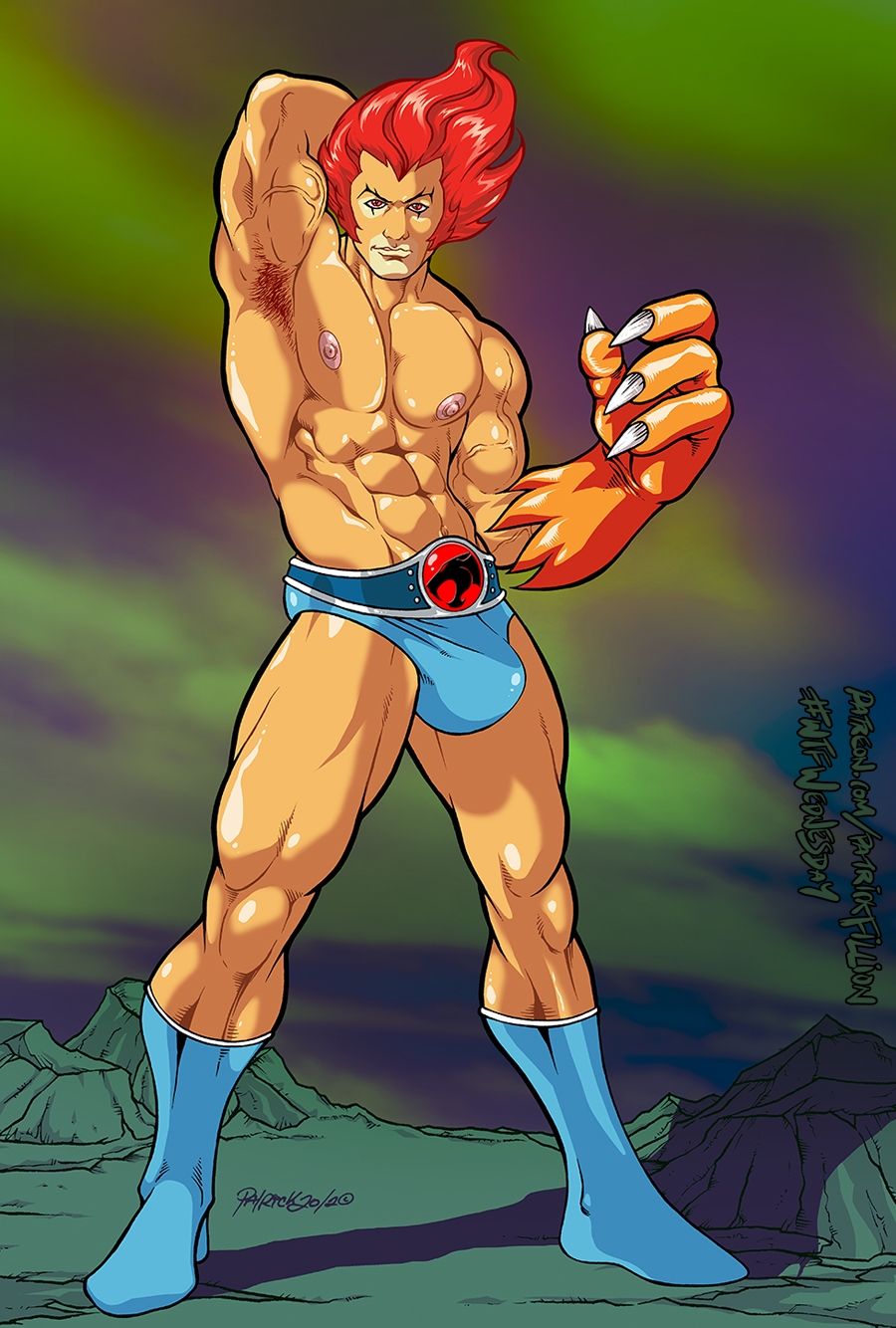 1male abs arm_behind_head armpit_hair armpits humanoid lion-o male male_focus male_only muscular muscular_male one_arm_up patrick_fillion pubic_hair red_hair red_pubic_hair solo solo_male thundercats