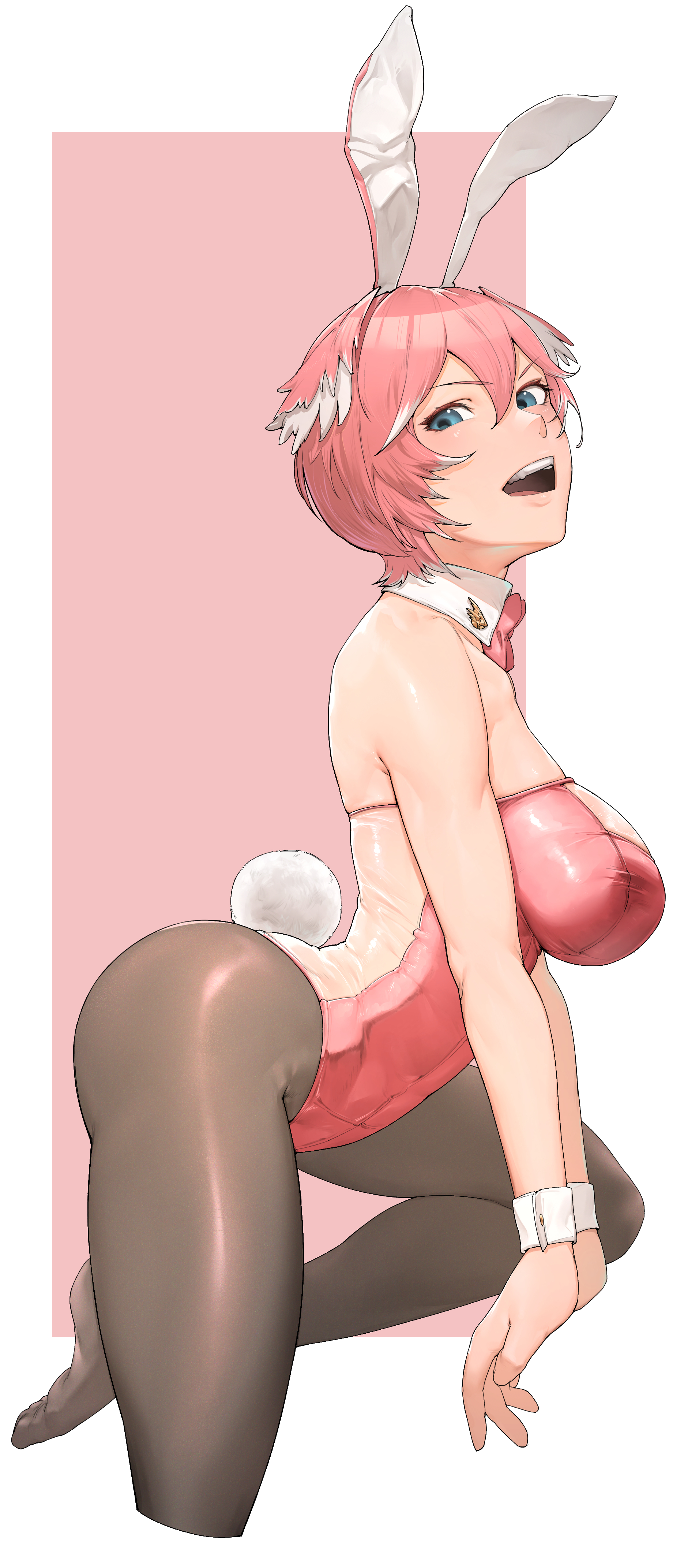 1girls, big breasts, blue eyes, breasts, bunny ears, bunny girl, bunny tail, bunnysuit, eye contact, female, female focus, female only, hololive, hololive japan, holox, large breasts, leotard, looking at viewer, pantyhose, pink hair, rat huang, short hair, takane lui, thick thighs, thighs, virtual youtuber