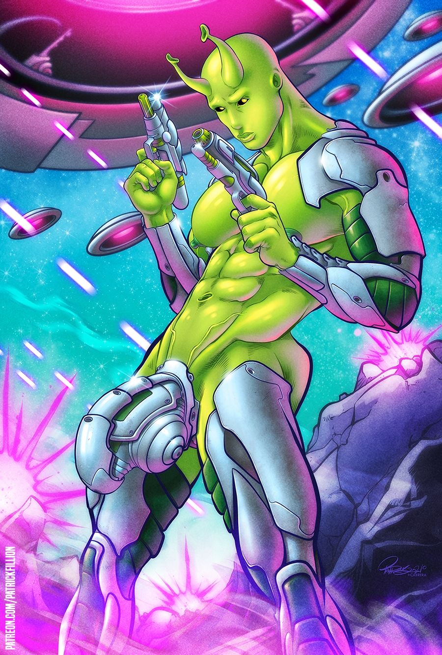 1male abs alien antennae armor big_penis class_comics green_skin humanoid locus male male_focus male_only muscles patrick_fillion pecs solo solo_male weapon