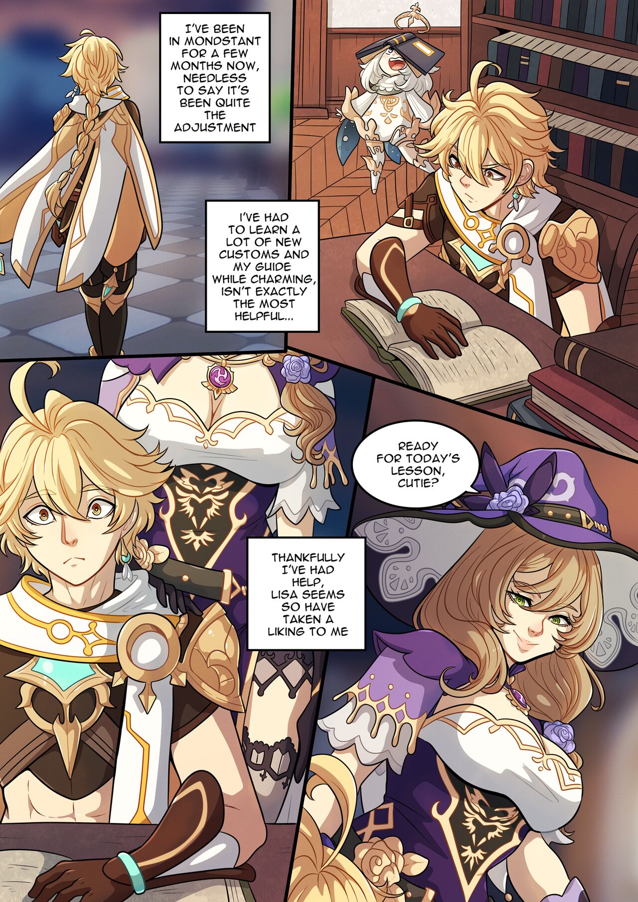 1boy, 1girls, abs, aether (genshin impact), blonde hair, book, bookshelf, comic, english text, female, genshin impact, green eyes, kinkymation, lisa (genshin impact), male, paimon (genshin impact), the travelers guide to teyvats heart lisa (comic)