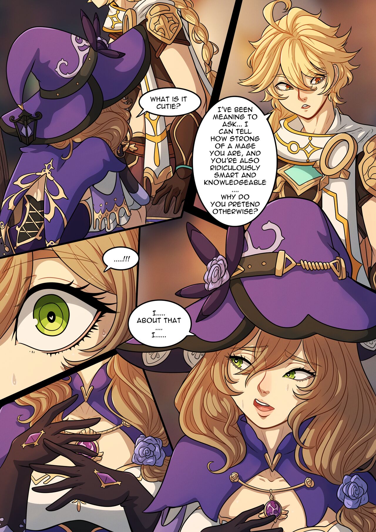 1boy, 1girls, aether (genshin impact), blonde hair, comic, english text, female, genshin impact, green eyes, kinkymation, lisa (genshin impact), male, the travelers guide to teyvats heart lisa (comic)
