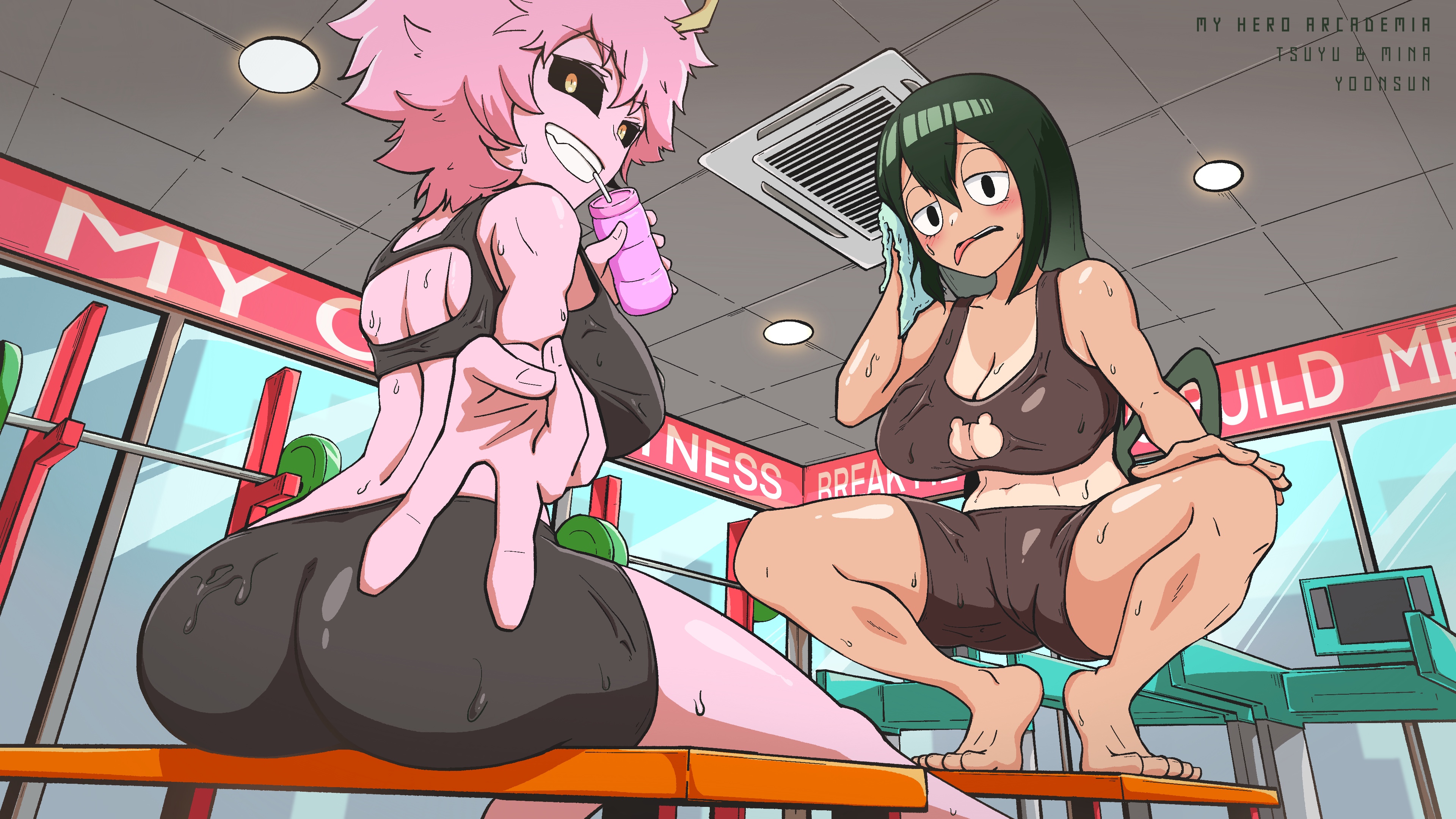 2girls, ass, back, big ass, black eyes, black sclera, blush, breasts, cameltoe, cleavage, cleavage cutout, female, green hair, green-haired female, gym, gym clothes, gym shorts, horns, huge breasts, long hair, long tongue, looking at viewer, mina ashido, my hero academia, open mouth, pink hair, pink skin, pink-haired female, pussy, short hair, smile, spats, sports bra, spread legs, squatting, sweat, tan, tan lines, tanline, teenager, tsuyu asui, v, very long hair, workout, yellow eyes, yoon sun, yoonsun