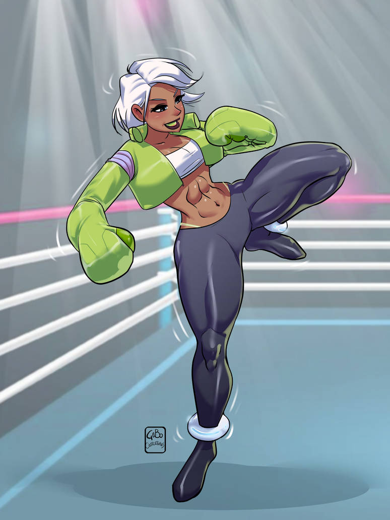 1girls athlete athletic athletic_female boxer boxing boxing_gloves boxing_ring clothing dark-skinned_female dark_skin female fighter fit fit_female fitness fitness_model gabocaricaturas gloves hair original original_character toned toned_female white_hair wide_hips