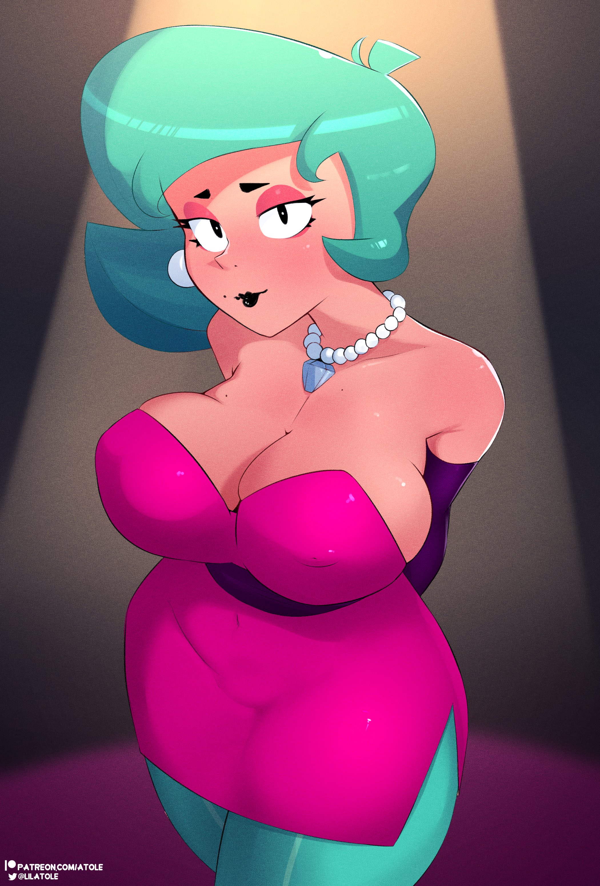 1girls, big breasts, brawl stars, breasts, collar, female, gloves, green hair, lilatole, lola (brawl stars)