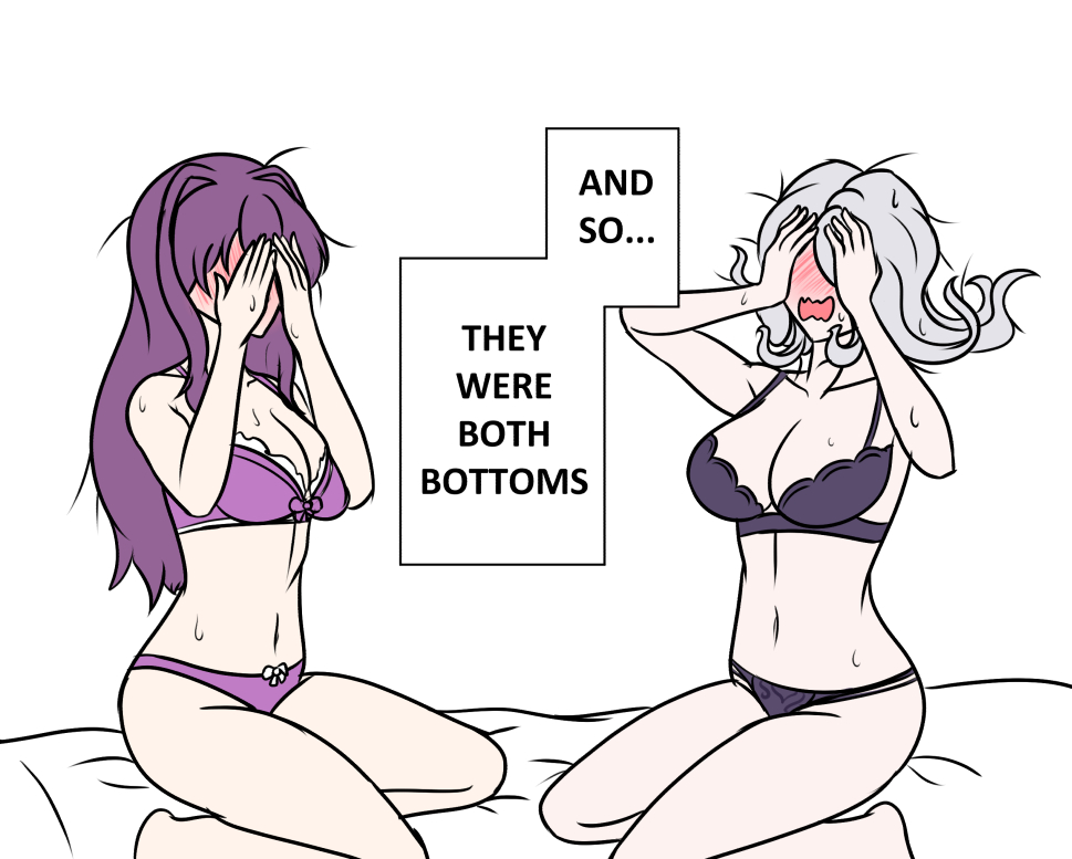 afimaki black_panties blush both_bottoms breasts cleavage covering_eyes covering_face danganronpa danganronpa_3 doki_doki_literature_club embarrassed grey_hair kimura_seiko large_breasts meme messy_hair purple_hair purple_panties simple_background straight_hair underwear underwear_only white_background yuri yuri_(doki_doki_literature_club)