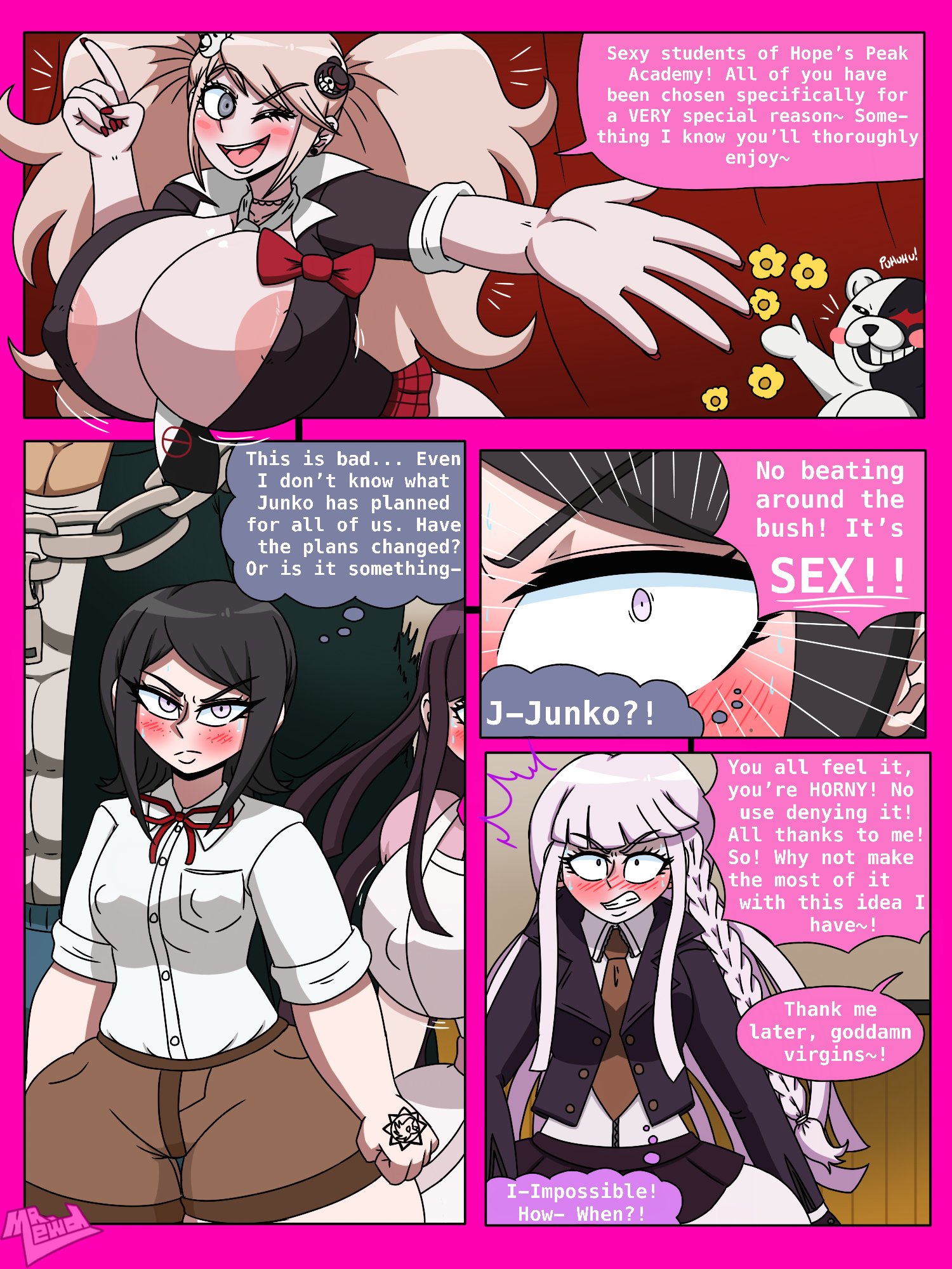blonde hair, blush, breasts, comic, danganronpa, danganronpa 1, danganronpa 2: goodbye despair, danganronpa: trigger happy havoc, dialogue, english text, female, female only, gyaru, junko enoshima, kirigiri kyouko, large breasts, monokuma, mr.lewd, mukuro ikusaba, nidai nekomaru, nipple bulge, nipple slip, skimpy clothes, speech bubble, straight hair, super danganronpa 2, text, thick thighs, thighs, tsumiki mikan, twintails