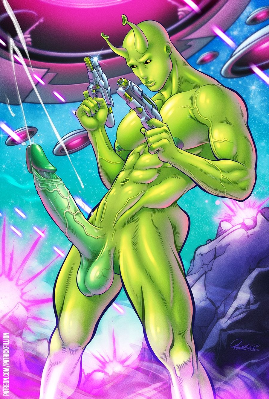 1male abs alien antennae big_penis class_comics cum cumming erect_penis erection green_skin humanoid locus male male_focus male_only muscles nude patrick_fillion pecs solo solo_male veiny_arms veiny_penis weapon