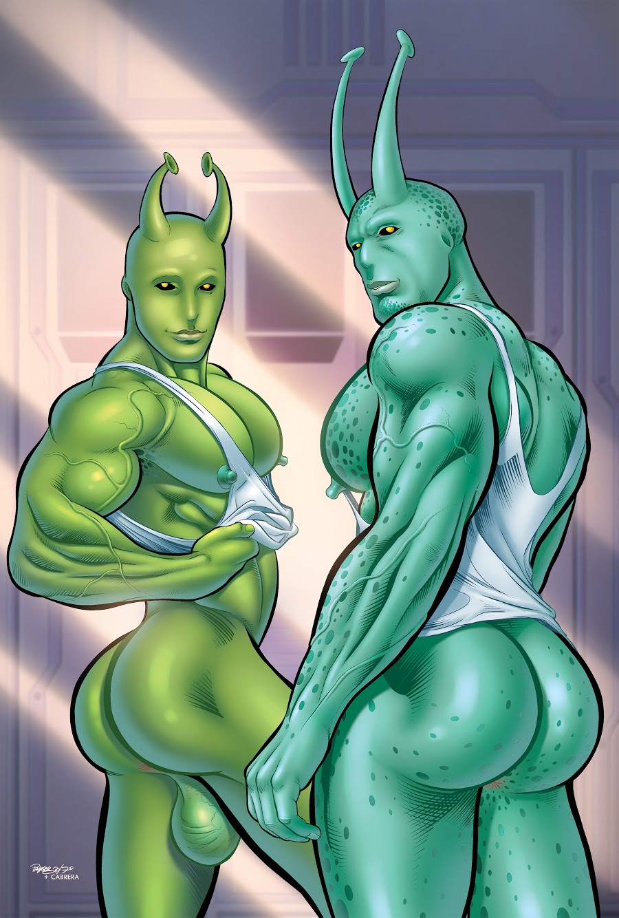 2boys alien antennae ass beedal class_comics green_skin humanoid locus male male_focus male_only muscular muscular_male patrick_fillion pecs