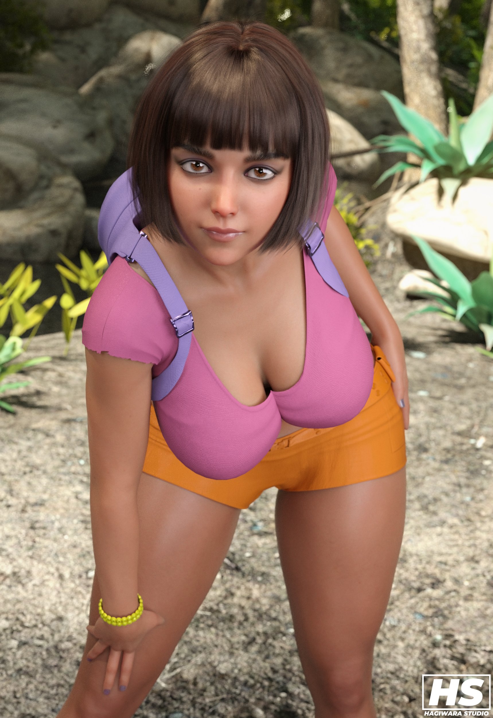 1girls, 3d, aged up, backpack, bag, bangs, bent over, big breasts, bob cut, bottomwear, breasts, brown eyes, brown hair, cleavage, clothed, crop top, dark skin, dora marquez, dora the explorer, female, female only, hagiwara studio, human, large breasts, latina, leaning forward, looking at viewer, midriff, nickelodeon, orange shorts, shorts, skimpy, solo, tan skin, tan-skinned female, topwear, wide hips, wristwear