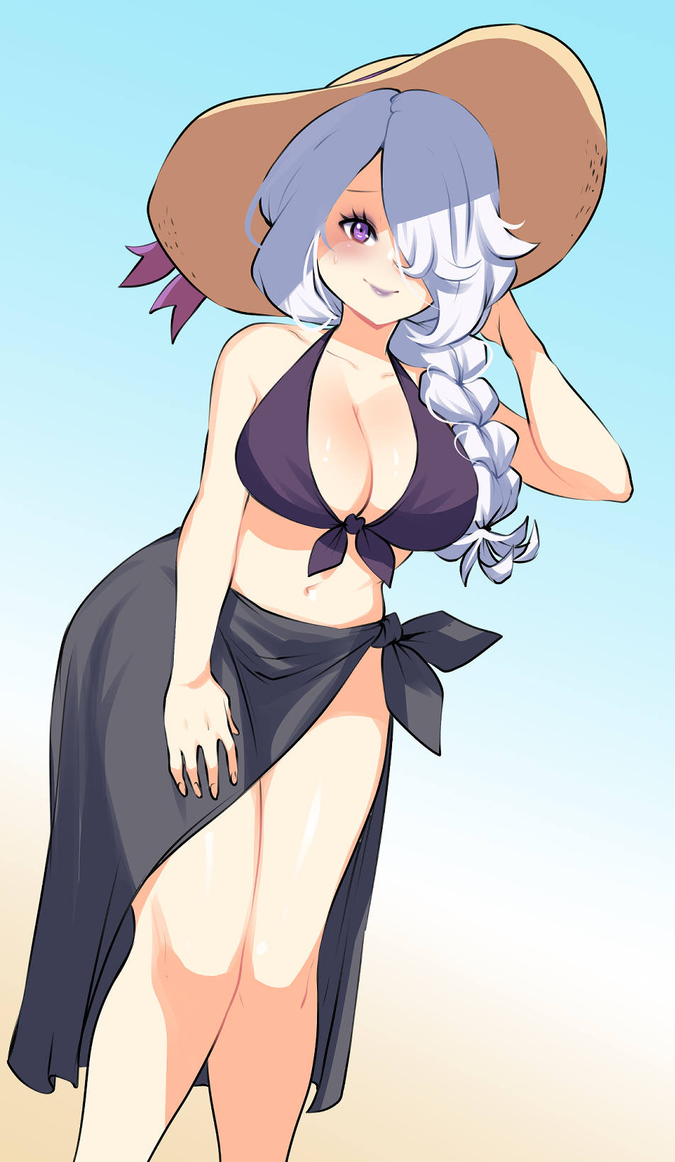 2022 aged_up beach_background bikini bikini_bottom bikini_top breasts cleavage danganronpa danganronpa_3 danganronpa_s:_ultimate_summer_camp female_only gray_hair hat kenron_toqueen kimura_seiko large_breasts octoosr ponytail purple_bra purple_eyes purple_lipstick sand smooth_skin