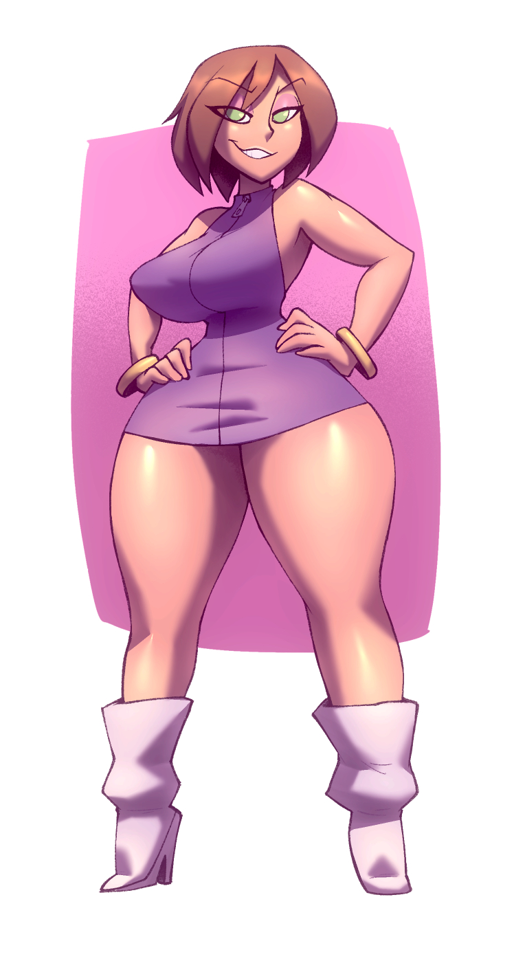 1girls, big breasts, bigdad, bonnie rockwaller, boots, bracelets, breasts, brown hair, disney, disney channel, dress, female, green eyes, hands on hips, high heel boots, high heels, kim possible, short dress, smile, solo, thick thighs, wide hips