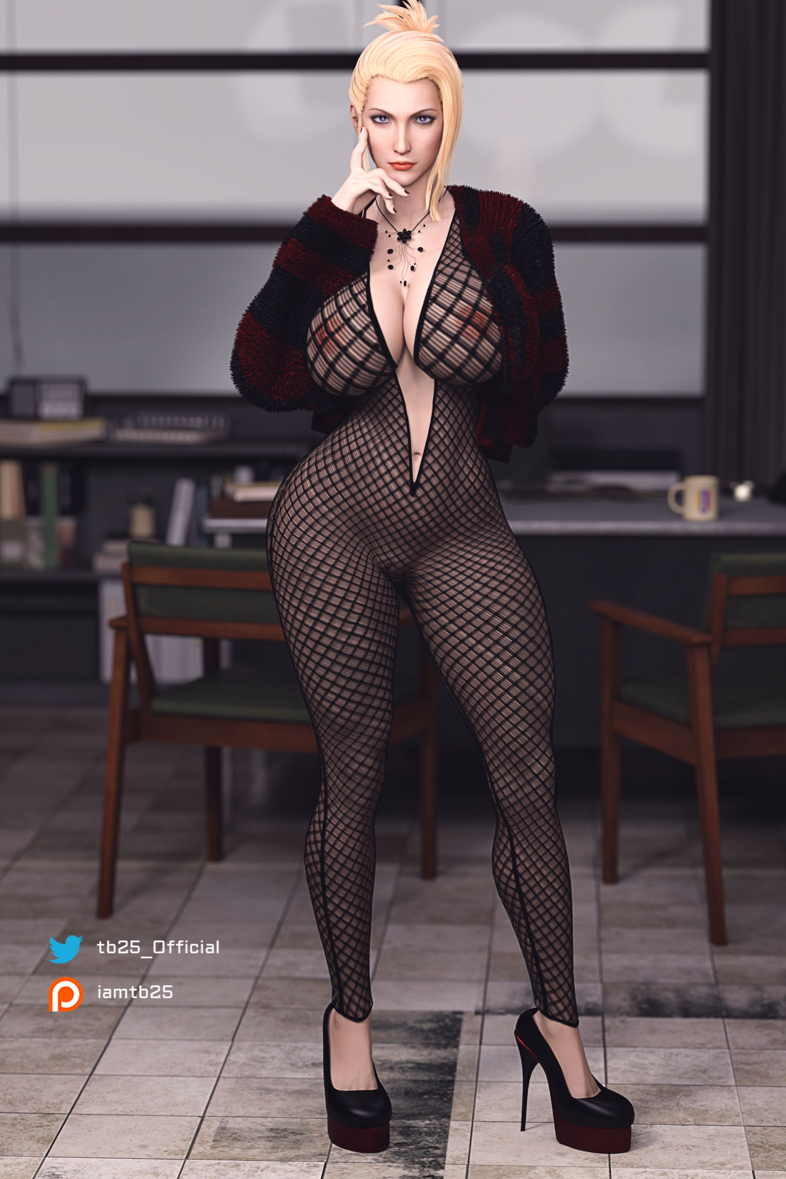 1girls, 3d, big breasts, blonde female, blonde hair, breasts, female, female only, final fantasy, final fantasy vii, final fantasy vii remake, fishnets, high heels, leggings, mature female, necklace, patreon username, platform heels, scarlet (ffvii), solo female, tagme, tb25, voluptuous