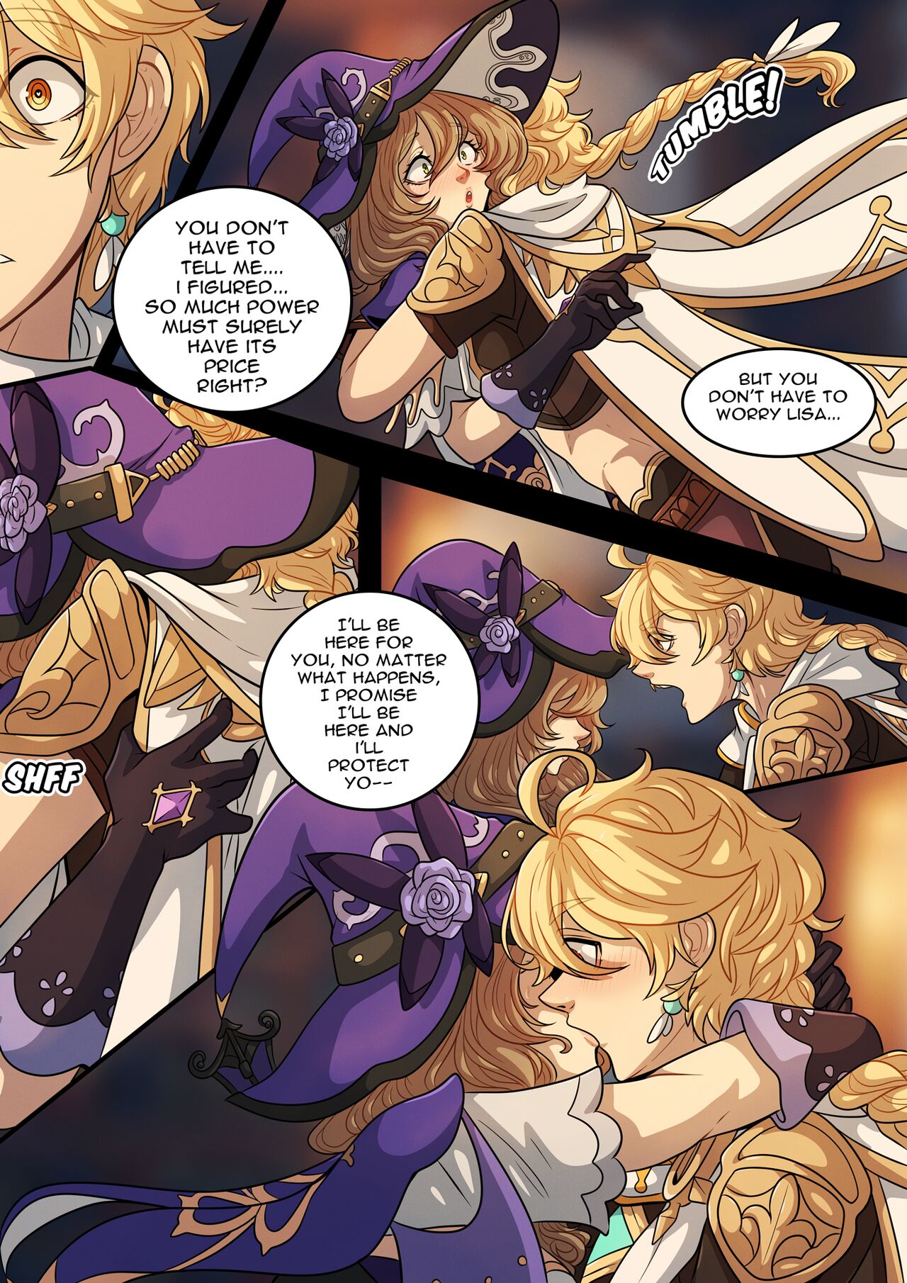 1boy, 1girls, aether (genshin impact), blonde hair, comic, english text, female, genshin impact, hat, kinkymation, kissing, lisa (genshin impact), male, the travelers guide to teyvats heart lisa (comic)