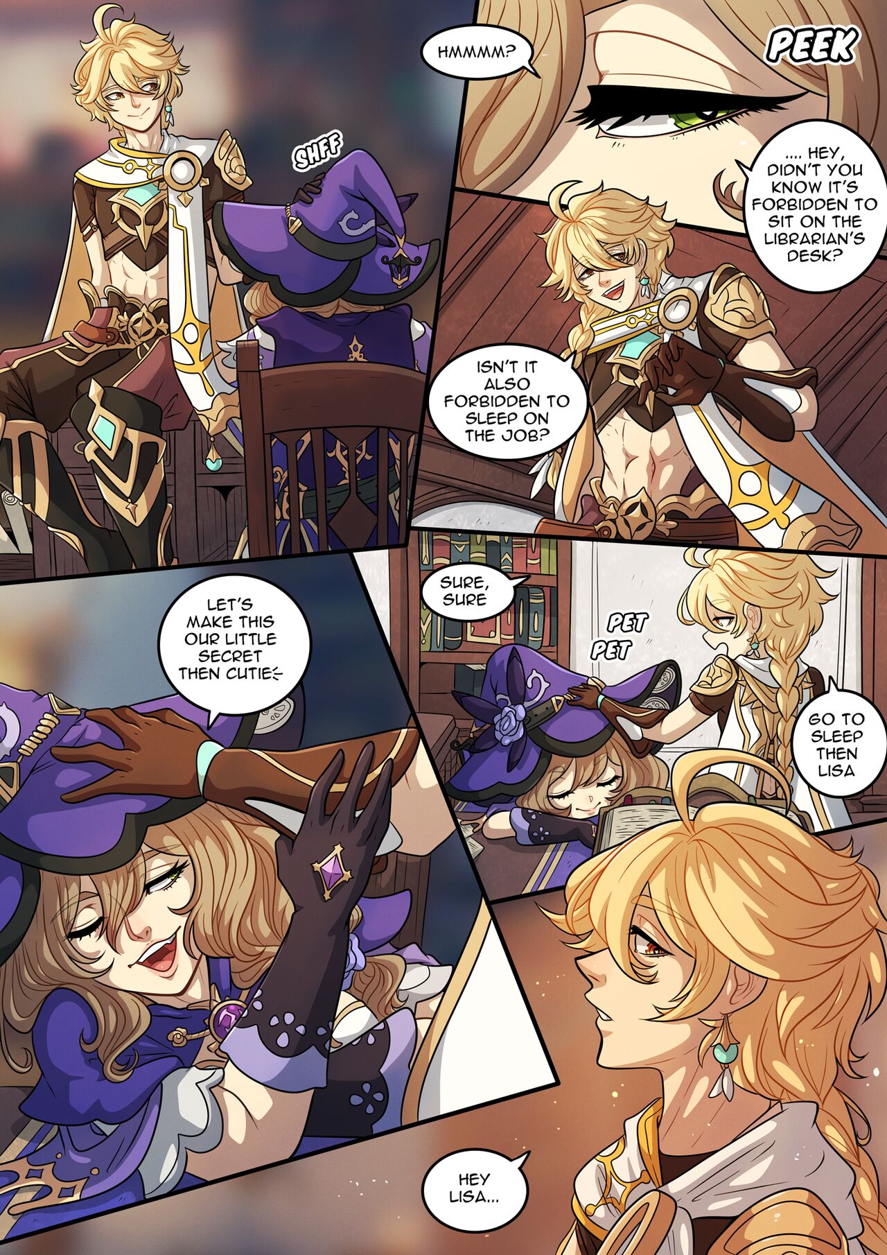 1boy, 1girls, abs, aether (genshin impact), blonde hair, comic, english text, female, genshin impact, gloves, hat, kinkymation, lisa (genshin impact), male, the travelers guide to teyvats heart lisa (comic)