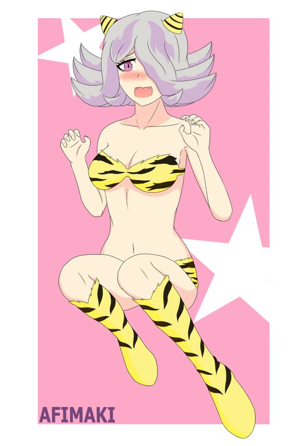 afimaki blush breasts cleavage cosplay danganronpa danganronpa_3 kimura_seiko lum lum_(cosplay) smooth_skin urusei_yatsura