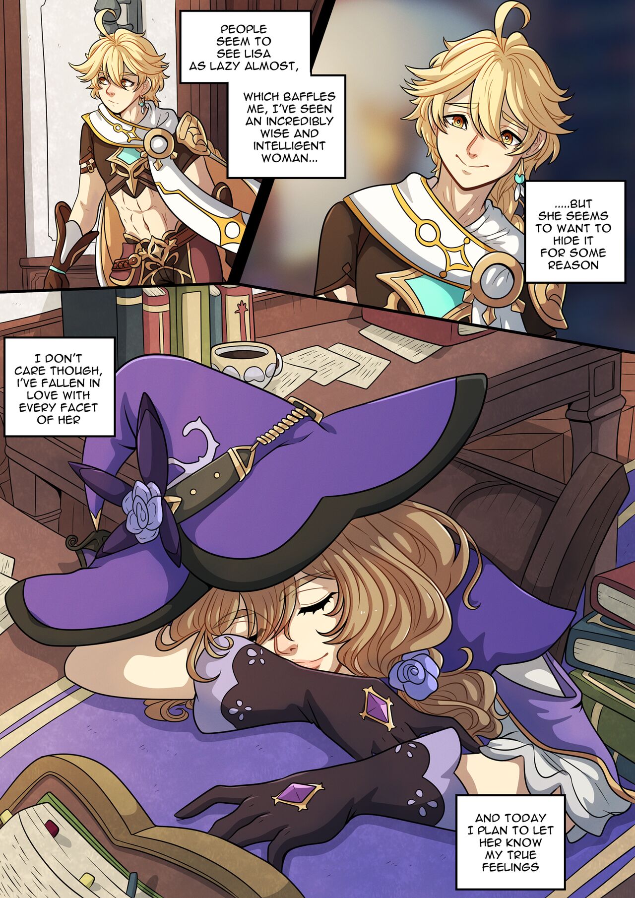 1boy, 1girls, abs, aether (genshin impact), blonde hair, comic, english text, female, genshin impact, gloves, hat, kinkymation, lisa (genshin impact), male, the travelers guide to teyvats heart lisa (comic)