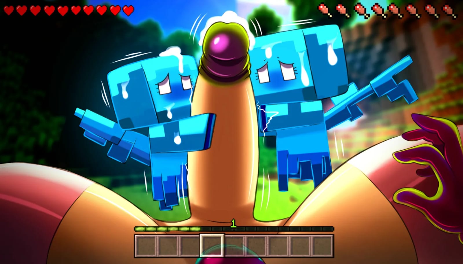 1futa, 2girls, allay (minecraft), big penis, duo focus, erection, female, female focus, focus on penis, futa on female, futanari, greenarts, humanoid, humanoid penis, intersex, minecraft, mob vote, oc, penis, size difference, smaller female, thighhighs