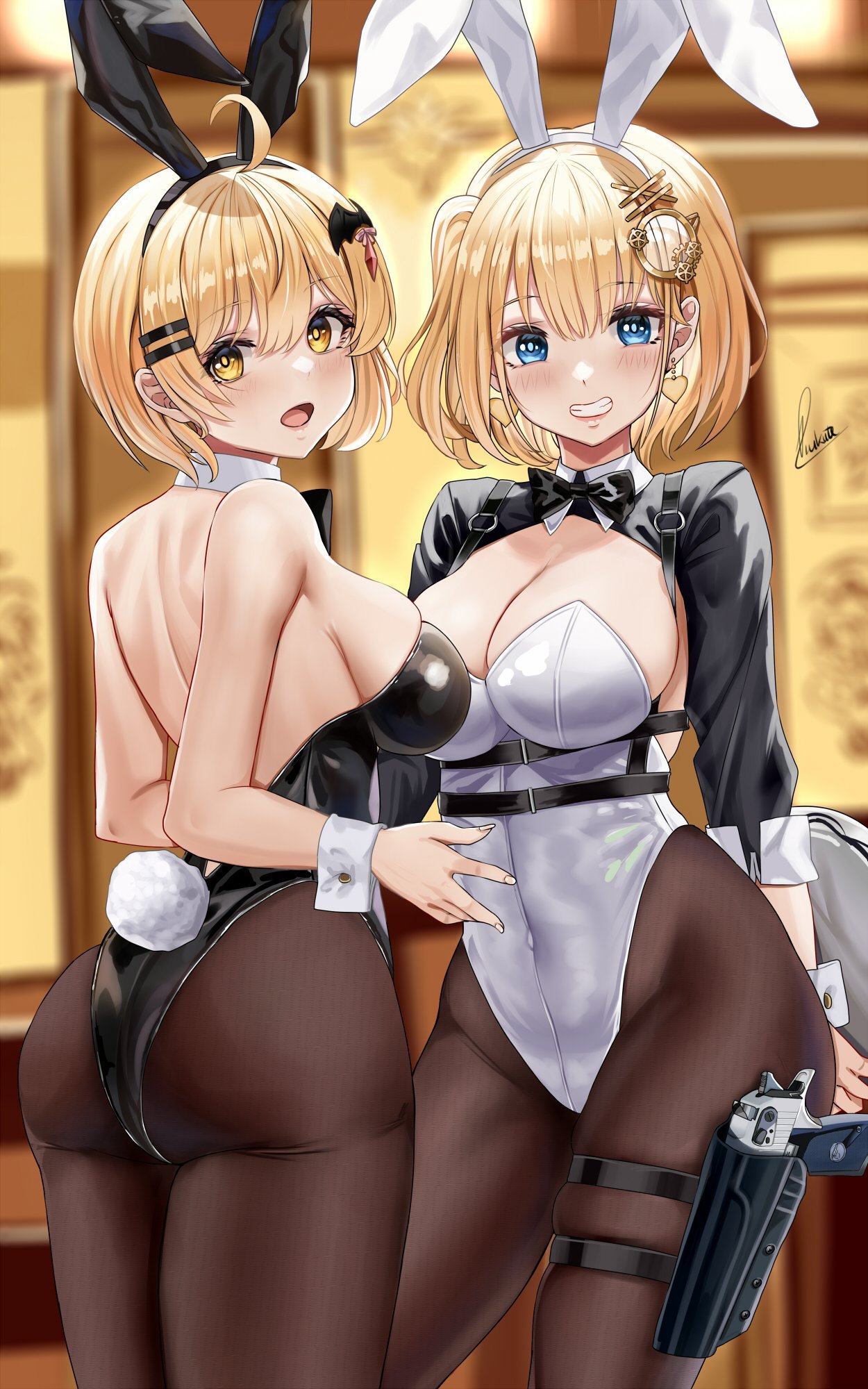 2022 2girls ass black_leotard blonde_female blonde_hair blue_eyes blush breasts bunny_ears bunny_girl bunny_tail bunnysuit female female_only grin gun gun_holster hair_ornament hi_res highleg_leotard hips hololive hololive_english hololive_gen_1 hololive_japan hololive_myth large_ass large_breasts leg_holster leotard looking_at_viewer piukute062 short_hair slim_waist smile thick_thighs thighs tights virtual_youtuber watson_amelia white_leotard wide_hips yellow_eyes yozora_mel