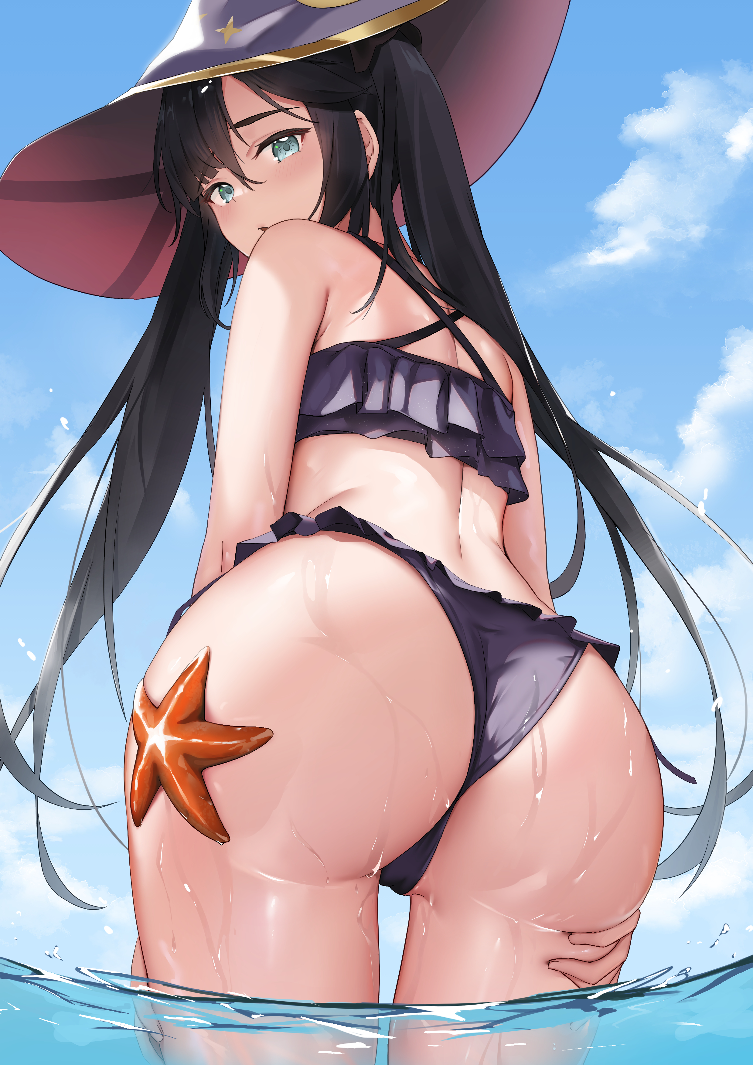 1girls, 2022, ass, ass focus, ass shot, back view, beach, black hair, bubble ass, bubble butt, female, female only, genshin impact, hat, hips, huge ass, large hat, long hair, looking back, mona (genshin impact), outdoors, skai kun, slim waist, starfish, starfish on ass, thick thighs, thighs, twintails, wide hips, witch hat