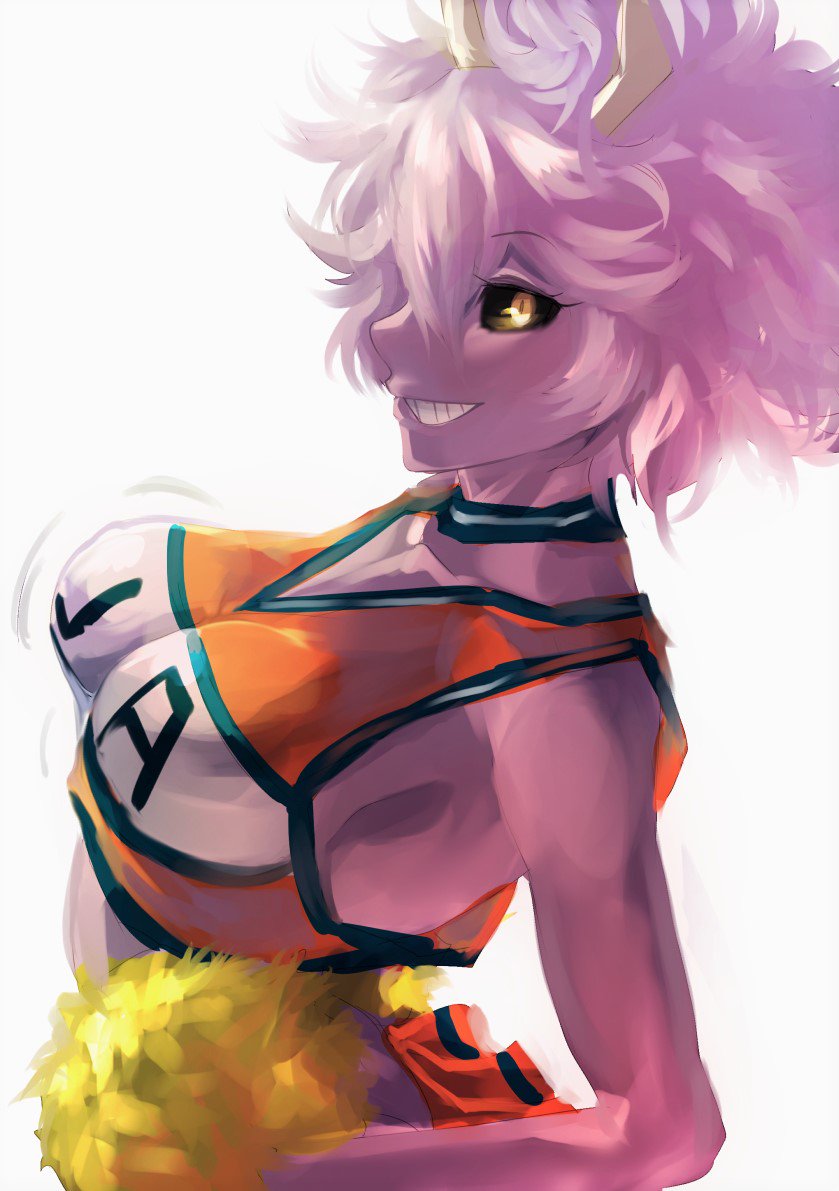 1girls black_sclera breasts cheerleader cheerleader_uniform choker crop_top horns large_breasts looking_at_viewer mina_ashido my_hero_academia pink_hair pink_skin pom_poms short_hair skirt smile u.a._cheerleader_outfit uenoryoma yellow_eyes