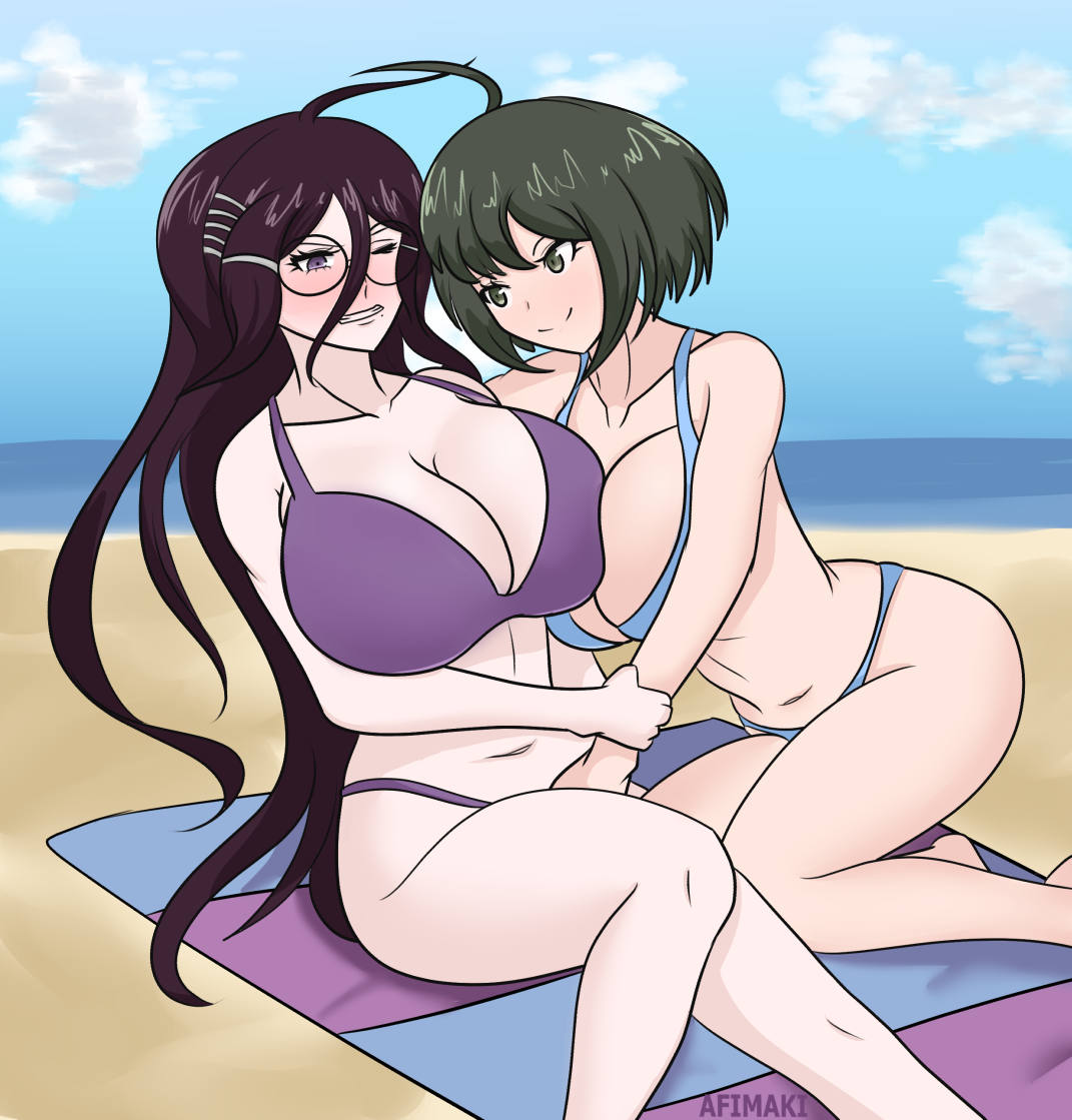 2022 2girls afimaki ahoge arm_grab beach_blanket bikini bikini_bottom bikini_top blue_bikini blush breast_press breast_squeeze breast_squish breasts cleavage danganronpa danganronpa:_trigger_happy_havoc danganronpa_1 danganronpa_s:_ultimate_summer_camp danganronpa_ultra_despair_girls foreplay fukawa_touko glasses gray_eyes gray_hair hairclip hairclips hand_on_arm hand_on_thigh large_breasts long_hair medium_hair mole mole_under_mouth naegi_komaru purple_bikini purple_eyes purple_hair sea seaside sky smooth_skin yuri