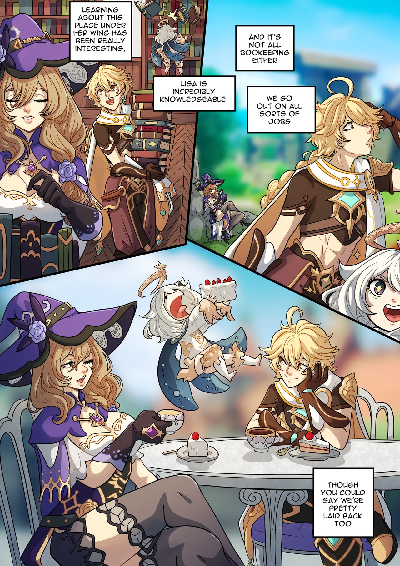 aether (genshin impact), cake, comic, english text, female, genshin impact, kinkymation, lisa (genshin impact), paimon (genshin impact), the travelers guide to teyvats heart lisa (comic)