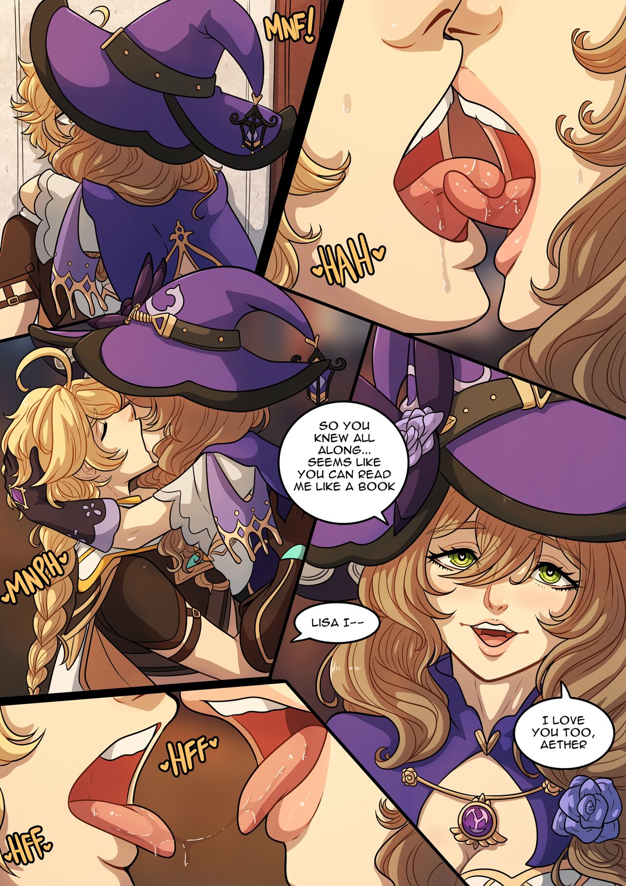 1boy, 1girls, aether (genshin impact), blonde hair, comic, english text, female, french kiss, genshin impact, kinkymation, kissing, lisa (genshin impact), male, the travelers guide to teyvats heart lisa (comic)