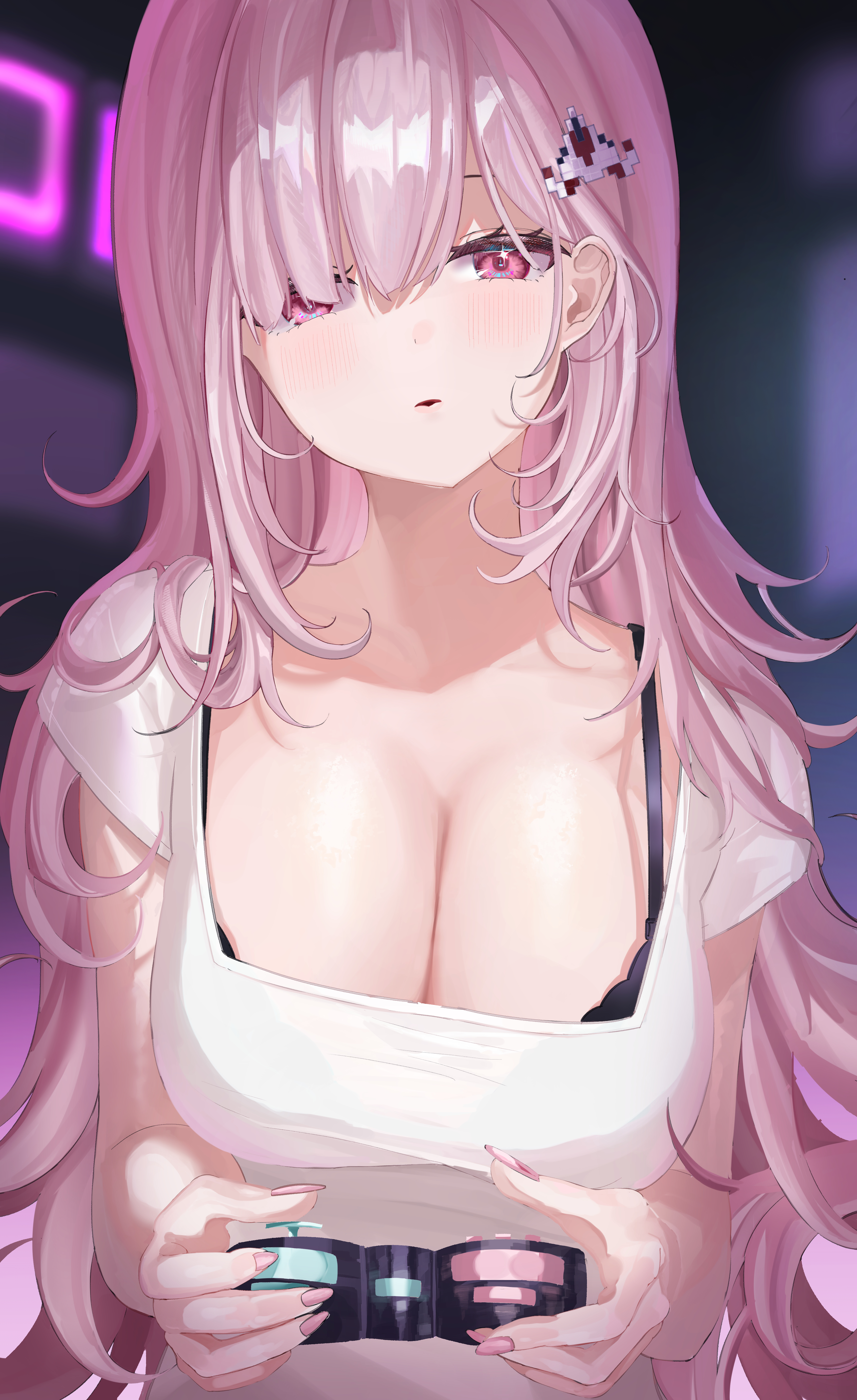 acma (artist), bra, breasts, cleavage, danganronpa, danganronpa 2: goodbye despair, female, female only, large breasts, long hair, nanami chiaki, straight hair, super danganronpa 2