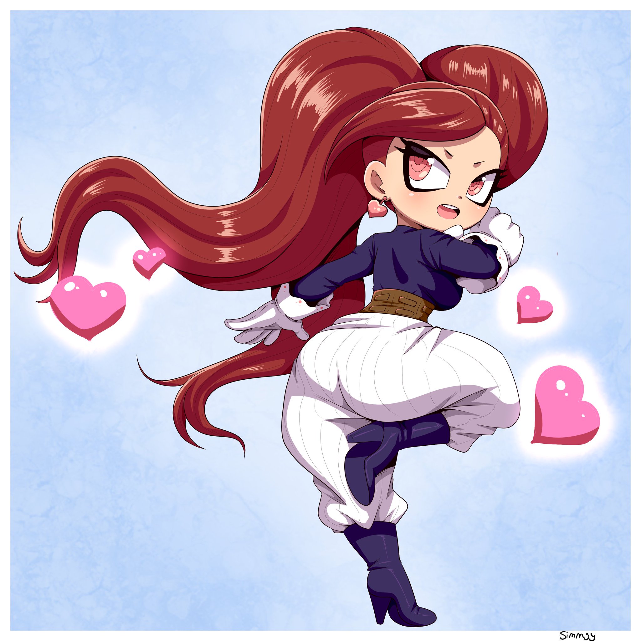 1girls, aiba manami, ass, blue background, boots, earrings, female, female only, full body, gloves, heart, heart earrings, high heels, huge ass, jewelry, la brava (my hero academia), long hair, looking back, my hero academia, pink eyes, shortstack, shounen jump, simmsy, smile, solo, standing, standing on one leg, twintails, white pants, wide hips