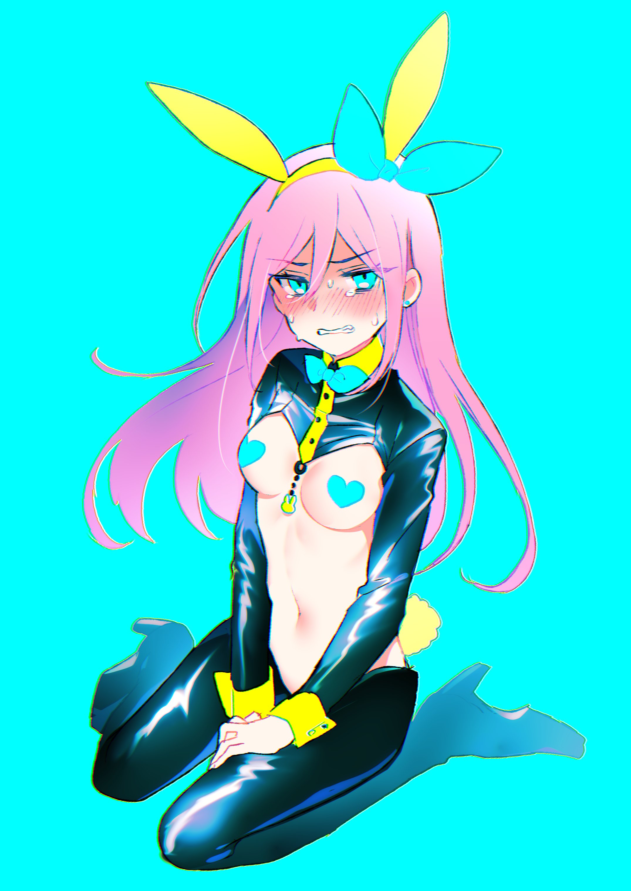 1girls, aubrey (omori), blue background, blue eyes, blush, blush lines, blushing, breasts, breasts out, collar, crying, crying with eyes open, ear piercing, female, female only, high heels, kneehighs, kneeling, leash, leather pants, looking at viewer, nipple stickers, omori, pasties, pink hair, reverse bunnysuit, solo, sweat, sweatdrop, sweating