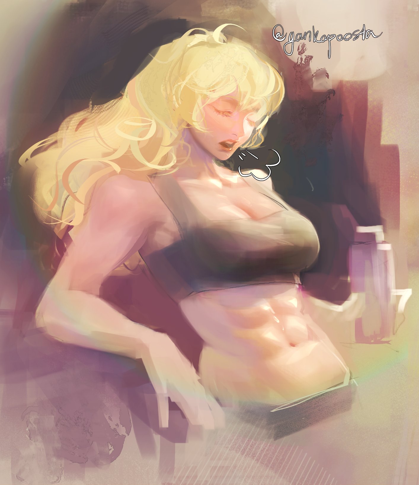 1girls, abs, black bikini, blonde female, blonde hair, female, female only, muscular, muscular female, painting (artwork), rwby, solo female, solo focus, yang xiao long, yankapoosta