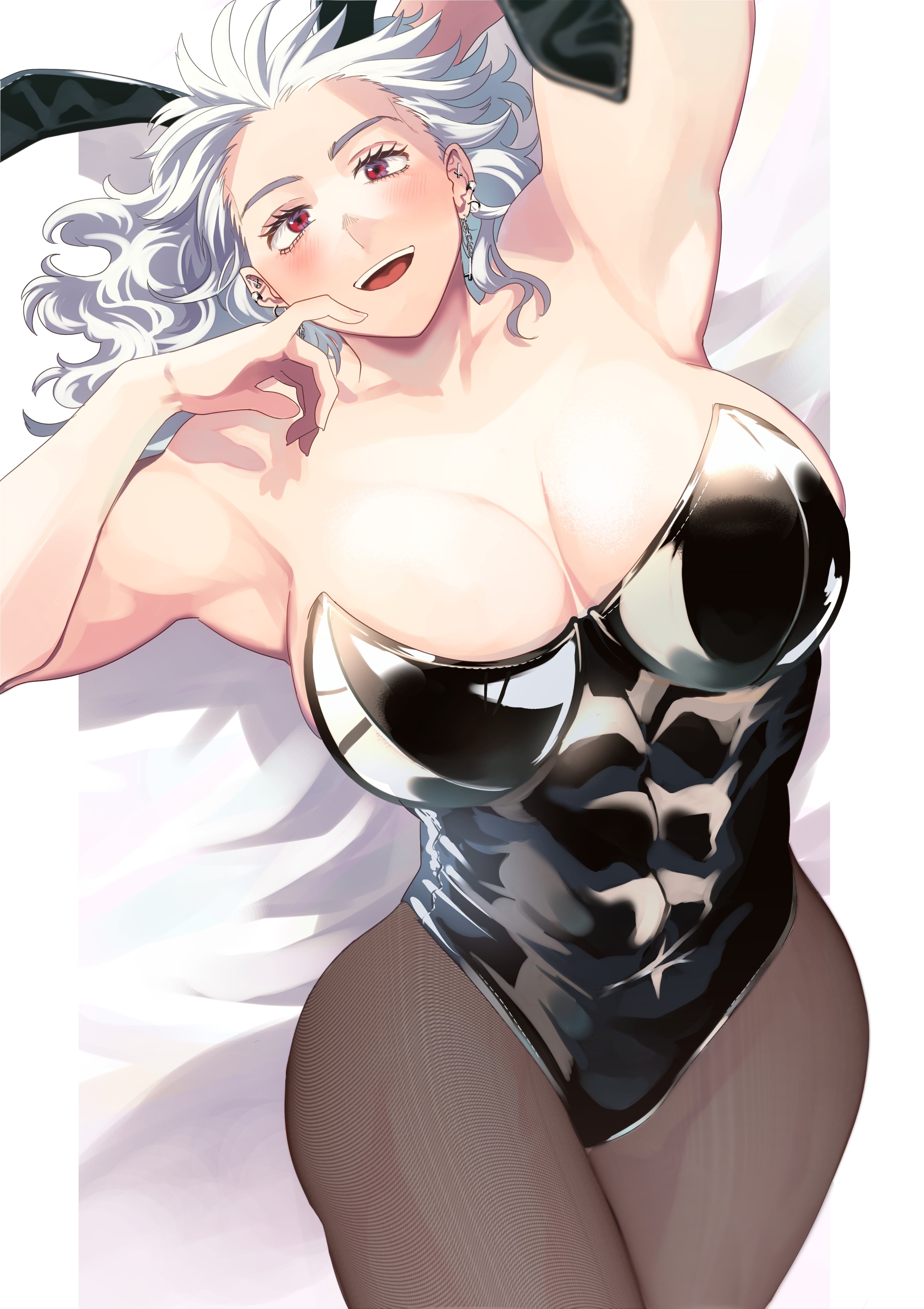 1girls, abs, abs visible through clothing, armpits, arms up, big breasts, big female, blush, blushing, breasts, buff, bunny costume, bunny ears, bunnysuit, curves, curvy, curvy hips, dorohedoro, female, female only, hips, huge breasts, large breasts, muscles, muscular, muscular arms, muscular female, noi (dorohedoro), red eyes, silver hair, solo, solo female, thick, thick thighs, thighs, toned, toned female, white hair, yooou to