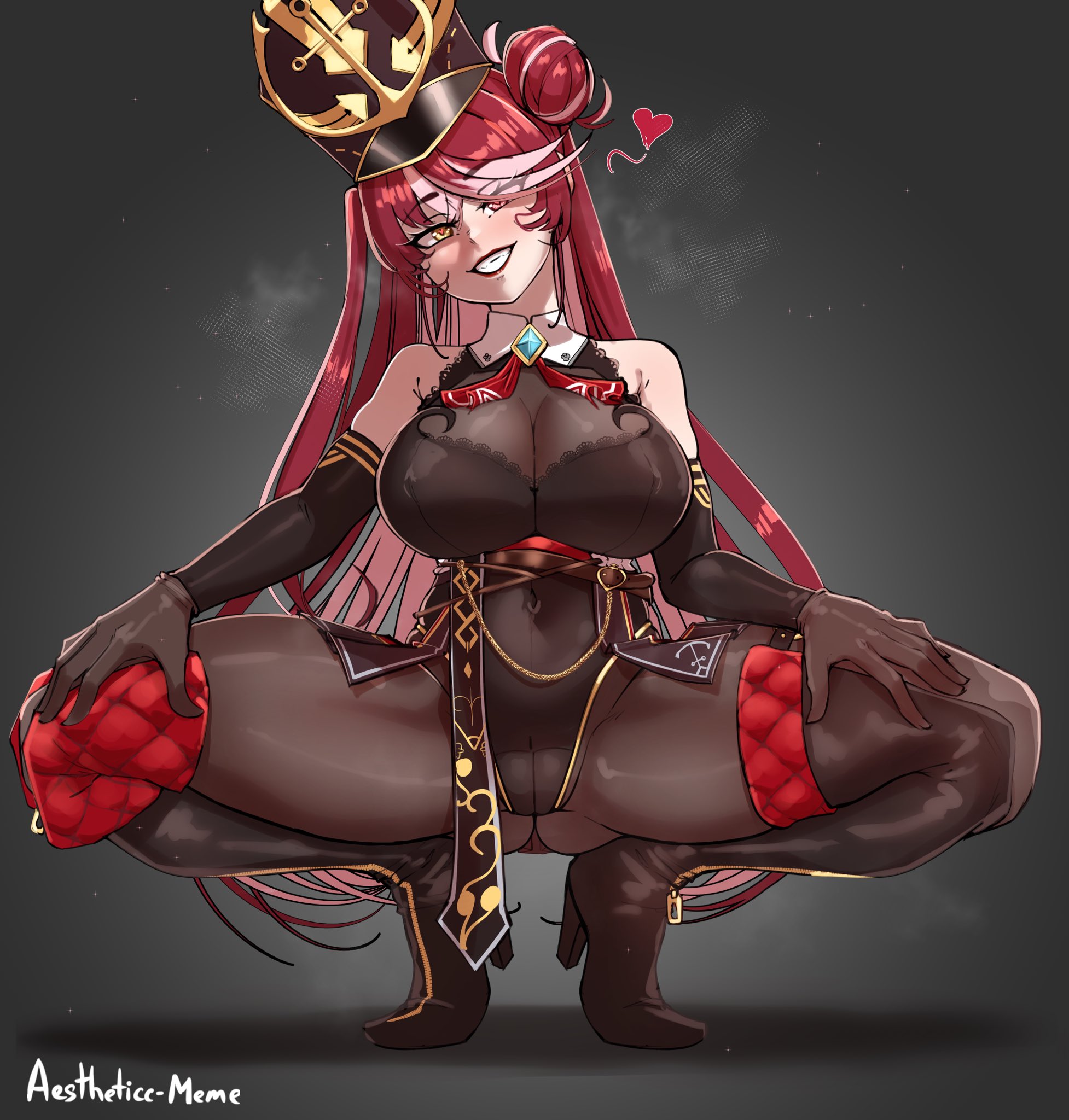 aestheticc-meme, breasts, female, heart, hololive, hololive fantasy, hololive japan, houshou marine, houshou marine (marching band), large breasts, legs apart, looking at viewer, squatting, tagme, virtual youtuber