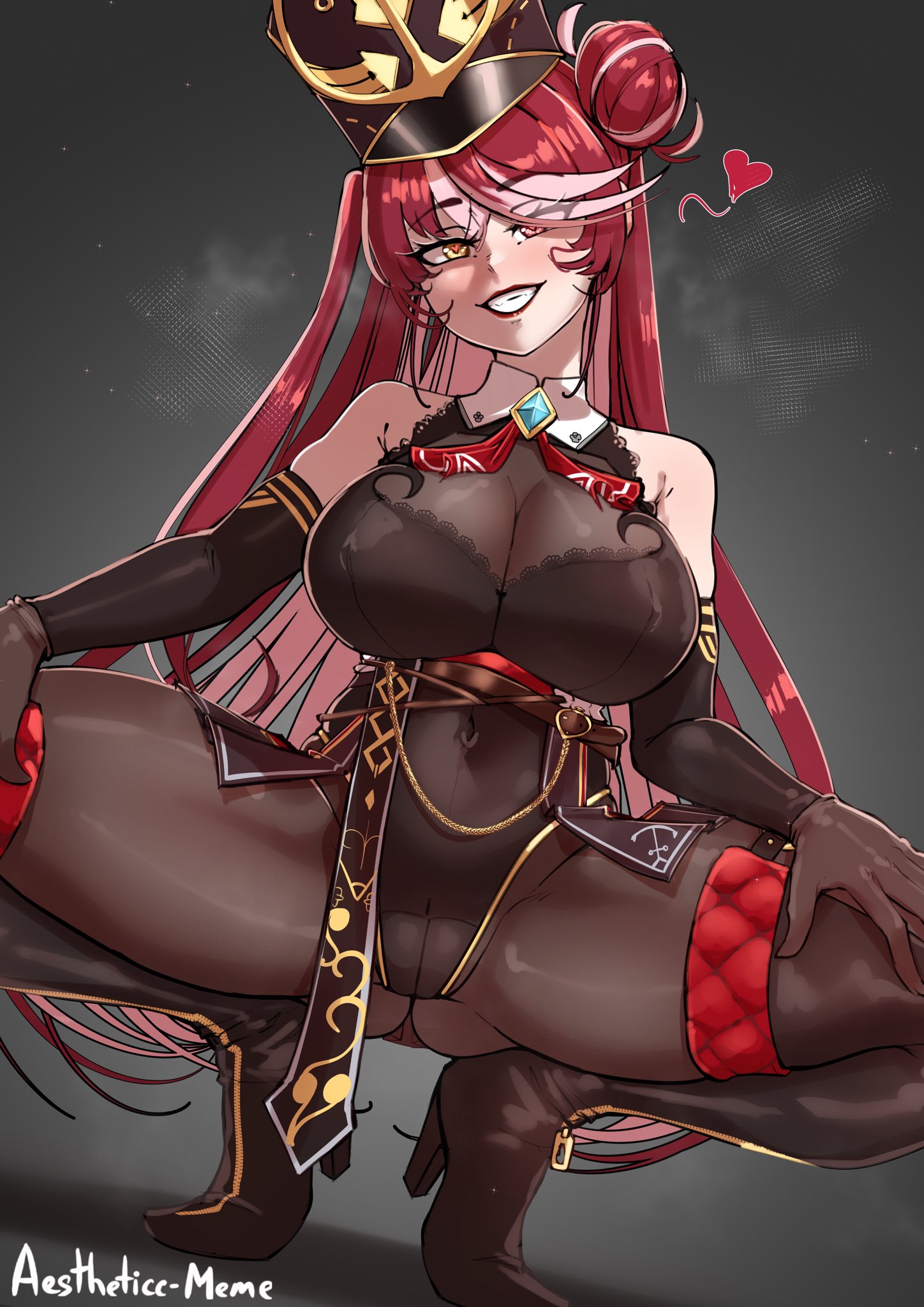1girls, aestheticc-meme, breasts, female, heart, heterochromia, hololive, hololive fantasy, hololive japan, houshou marine, houshou marine (marching band), large breasts, legs apart, looking at viewer, red hair, smile, smiling, smiling at viewer, solo female, squatting, tagme, virtual youtuber