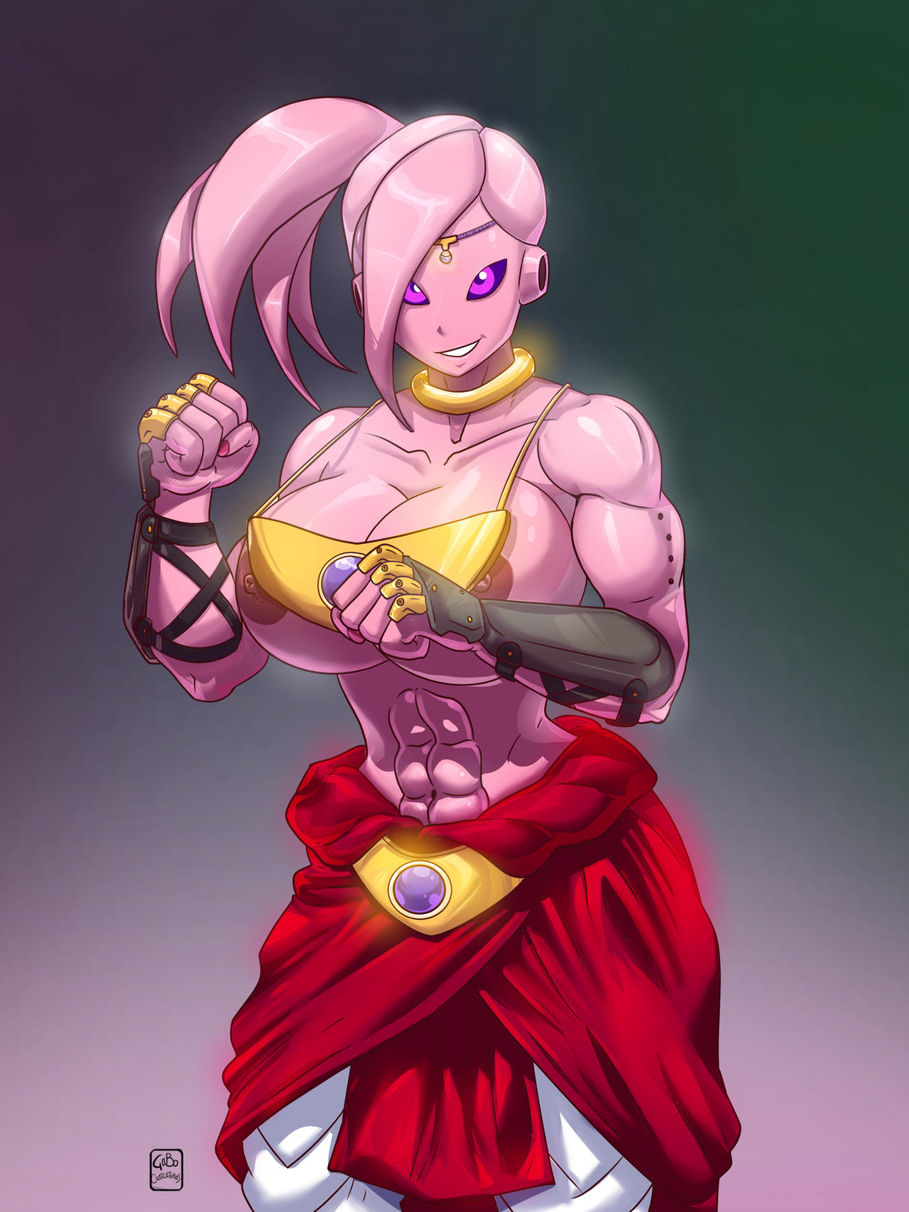 1girls 5_fingers abs areola areolae broly_(cosplay) circlet clothing demon demon_girl dragon_ball dragon_ball_xenoverse female female_majin gabocaricaturas humanoid majin monster monster_girl nipples no_bra original_character partially_clothed pink_body pink_hair pink_skin purple_eyes tentacle_hair topless topless_female watermark wide_hips