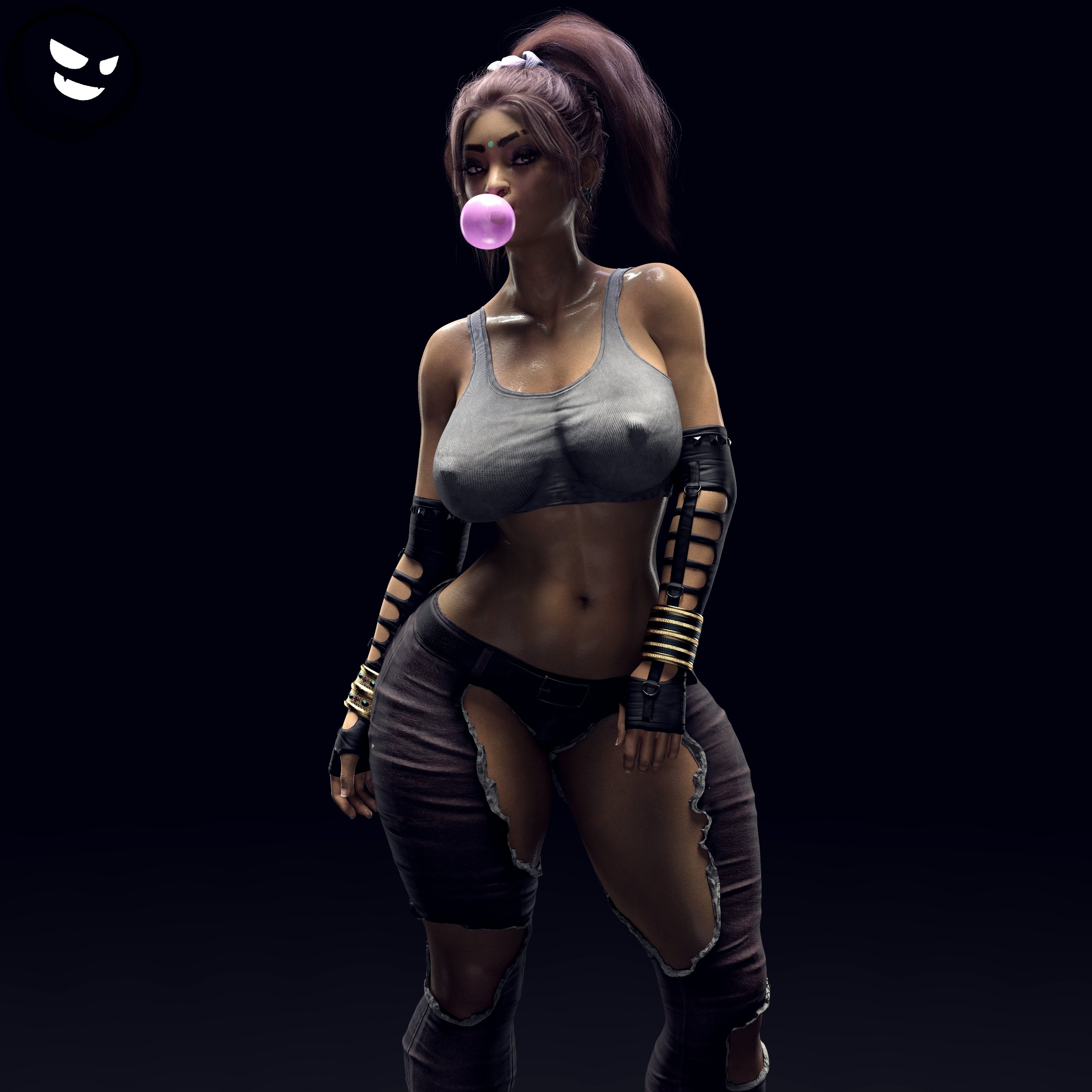 3d, apex legends, big breasts, blowing bubblegum, breasts, bubble gum, dark skin, dark-skinned female, exposed hips, female, gm studios, hip cleavage, hip cutout, hourglass figure, indian, indian female, jeans, lingerie, midriff, nipple bulge, rampart (apex legends), respawn entertainment, thick thighs, torn jeans, torn pants