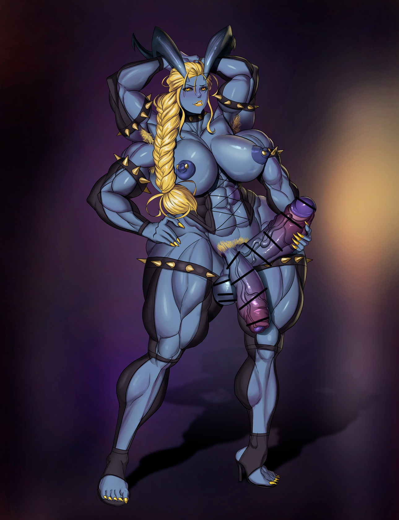 1futa, areolae, bar censor, blonde hair, blue skin, braid, breasts, censored, clothed, clothing, demon, diphallia, diphallism, erection, futa only, futanari, huge breasts, huge cock, humanoid, intersex, long hair, mostly nude, multi arm, multi genitalia, multi limb, multi penis, muscular, muscular futa, nipples, original, original character, penis, saxwakuy, skindentation, solo, standing, toned, toned futa