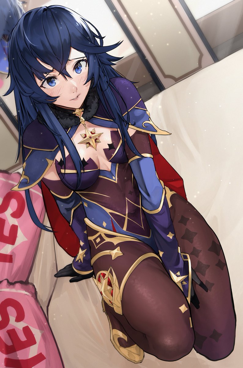 blue hair, cosplay, crossover, embarrassed, female, fire emblem, fire emblem awakening, genshin impact, kobi420, lucina (fire emblem), mona (genshin impact) (cosplay), thick thighs