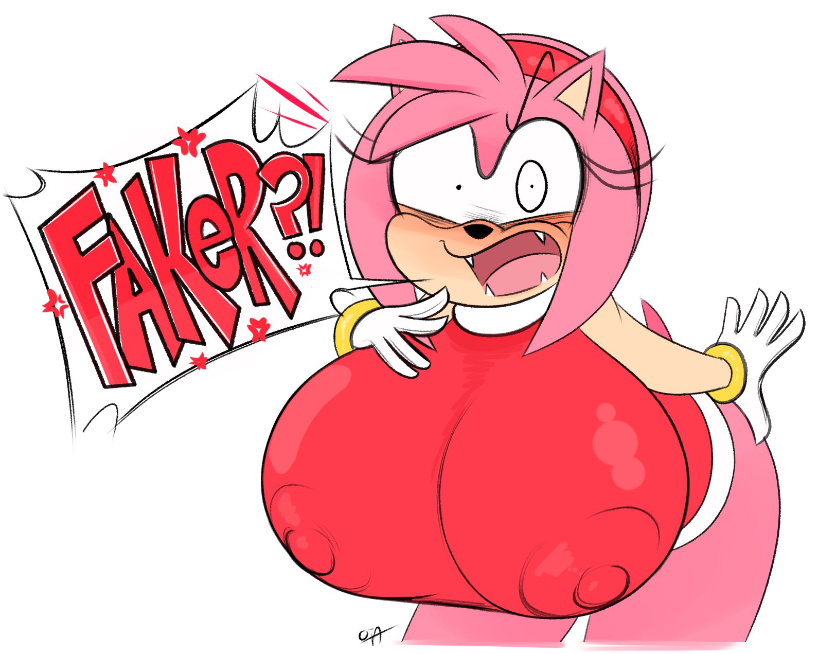 1girls, aged up, amy rose, anthro, big areola, big breasts, big nipples, breasts, busty, clothing, dialogue, dress, female, female only, hairband, hedgehog, huge breasts, large breasts, looking at viewer, nipple bulge, nipples, nipples visible through clothing, offended, ota (artist), pink hair, pink skin, red dress, sega, solo, sonic (series), sonic the hedgehog (series), surprised, text
